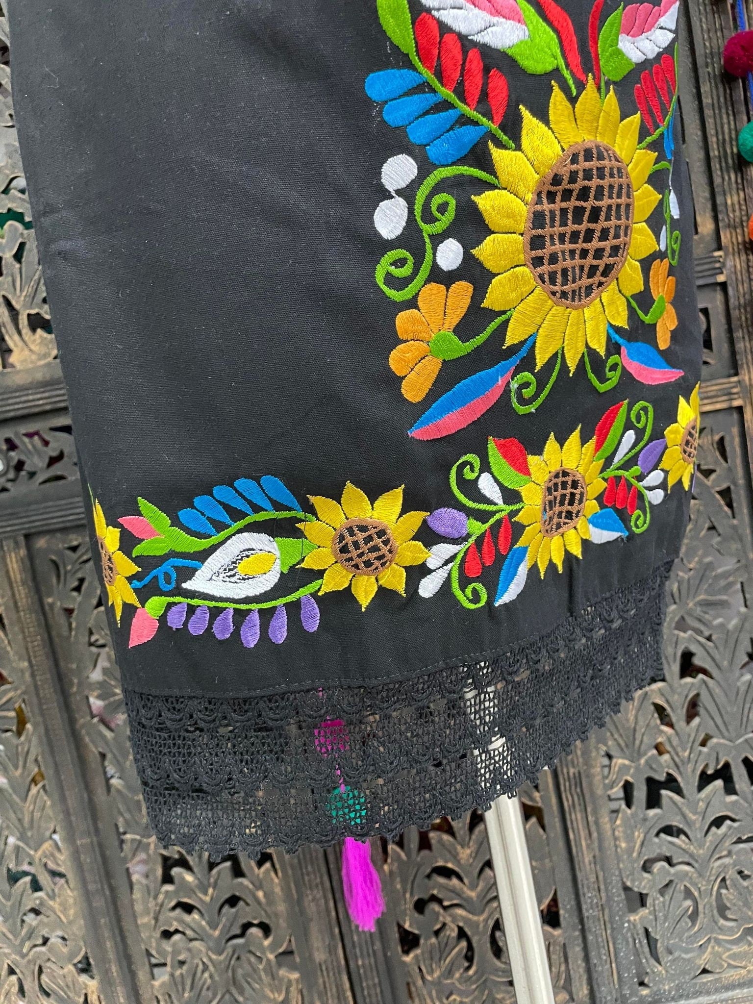 Image of Gorgeous Sunflower Strap Embroidered Dress - Mexican Embroidered Dress - Floral Designs - S-L