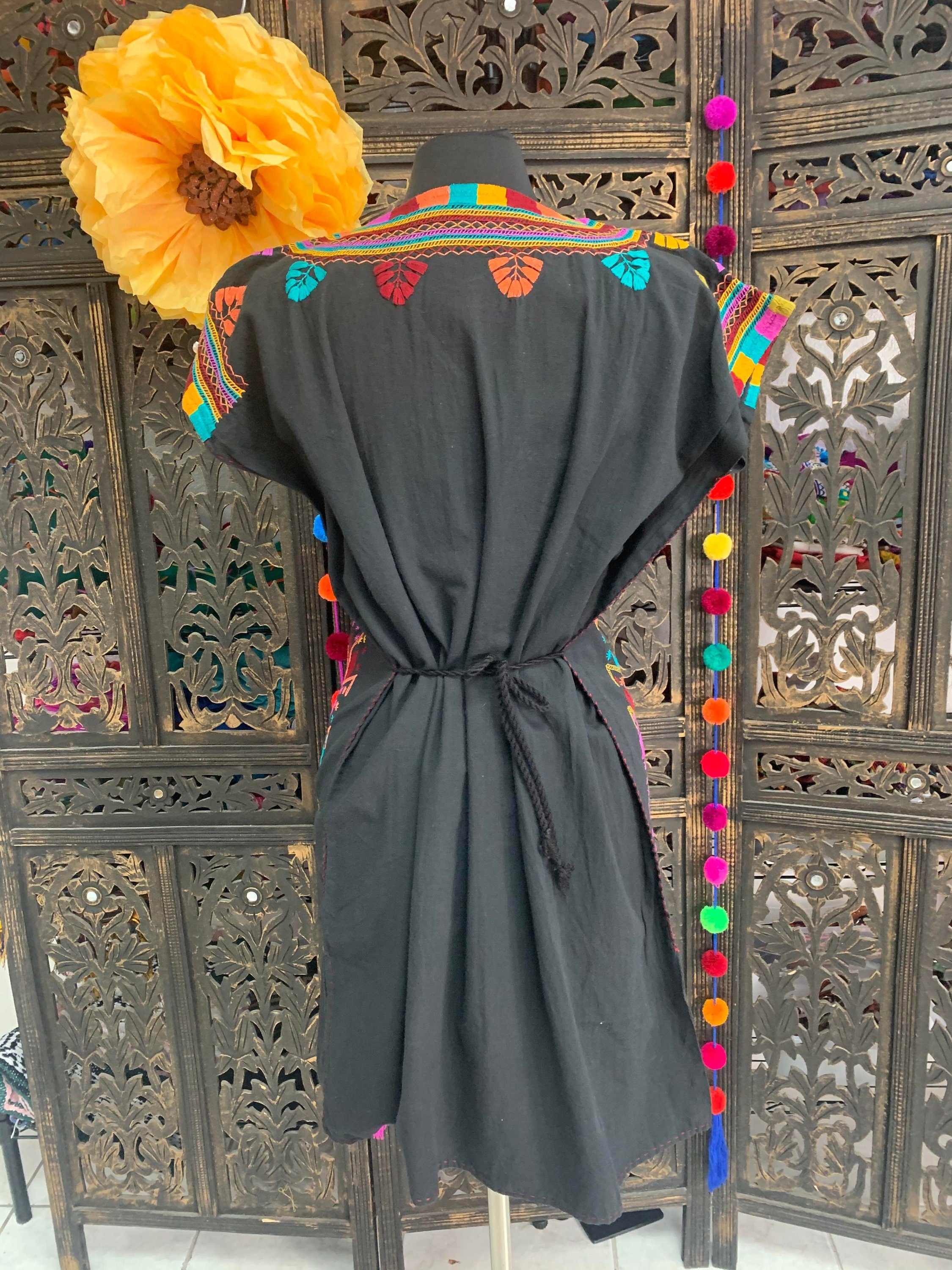 Image of Gorgeous Floral Hand Embroidered Dress - Mexican Embroidered Dress - SHORT SLEEVE - Floral Designs - M/L