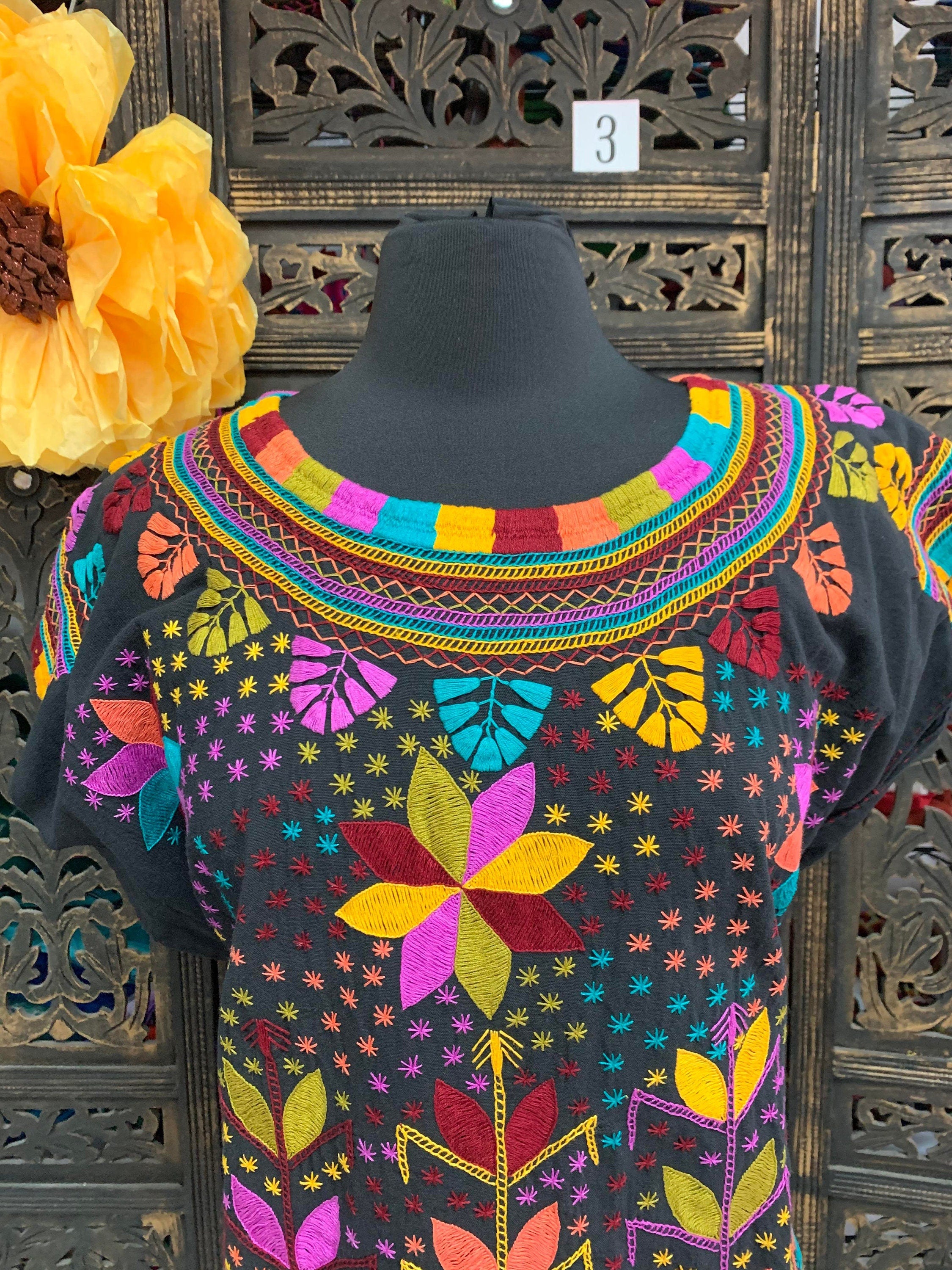 Gorgeous Floral Hand Embroidered Dress - Mexican Embroidered Dress - SHORT SLEEVE - Floral Designs - M/L