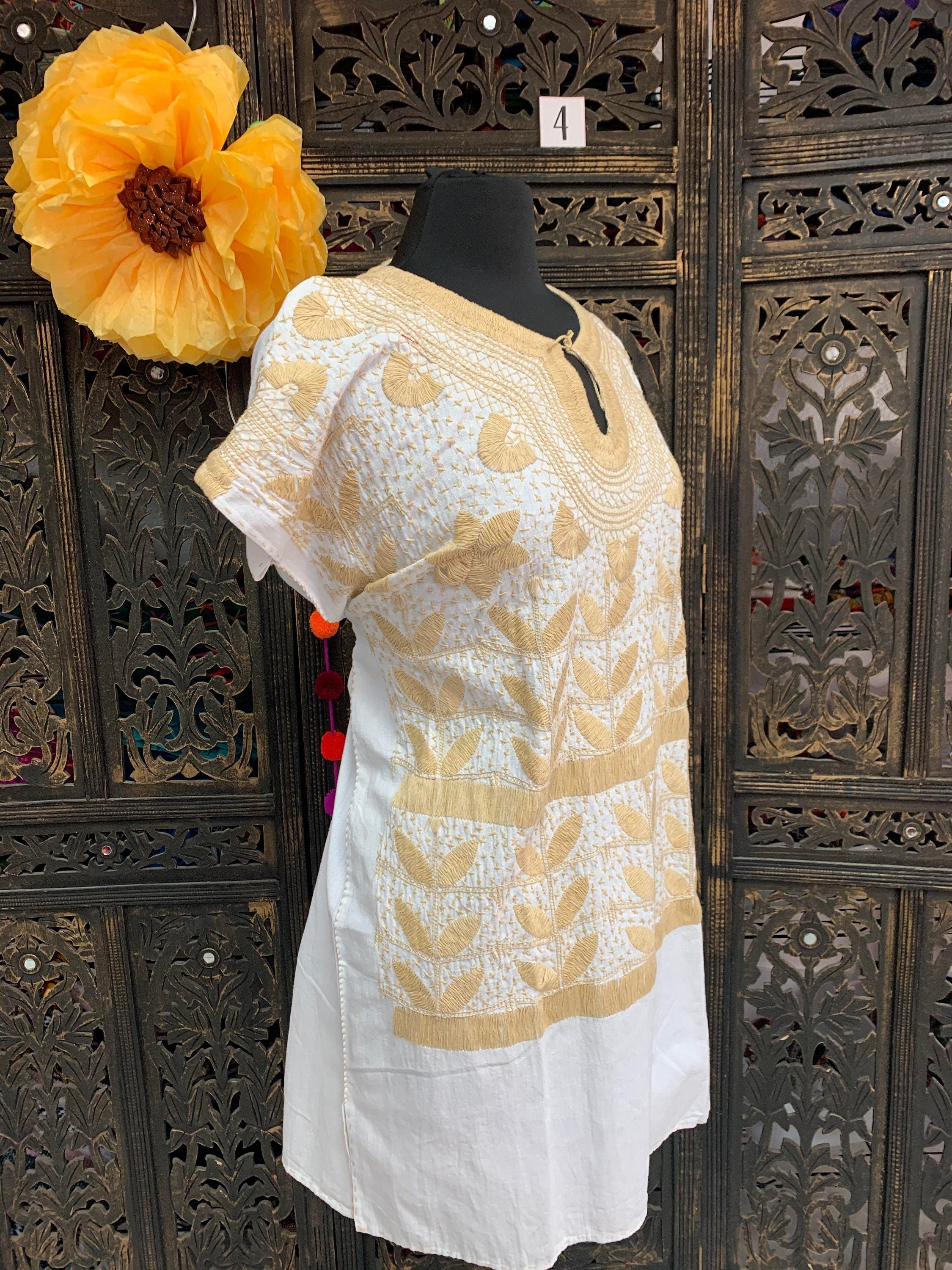 Image of Gorgeous Floral Hand Embroidered Dress - Mexican Embroidered Dress - SHORT SLEEVE - Floral Designs - M/L