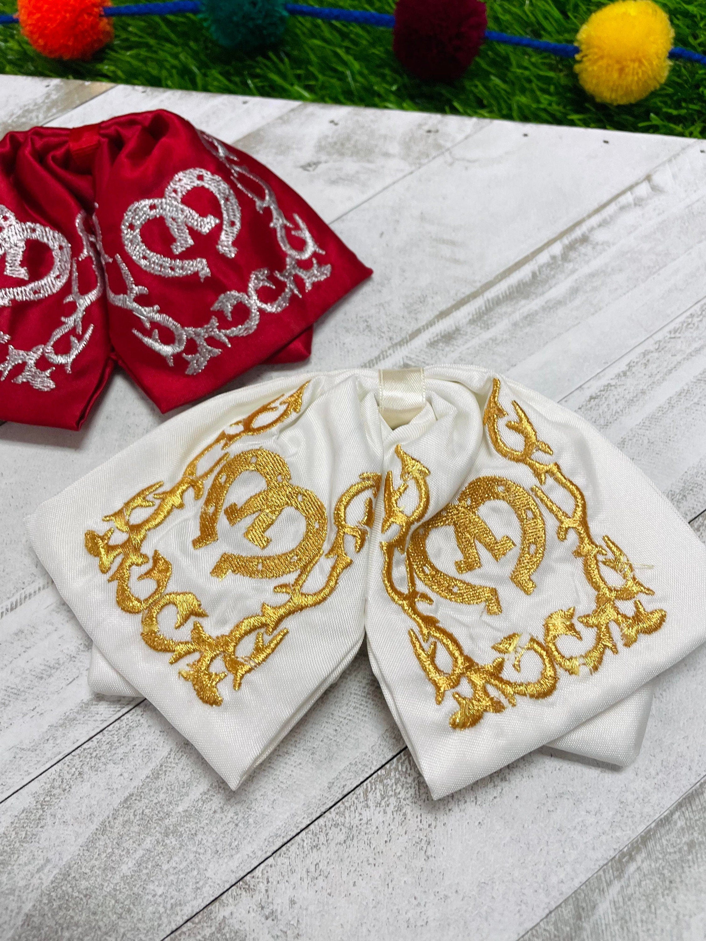 Image of Mexican Embroidered Bowties - Satin Floral Embroidered Bowtie with Elastic