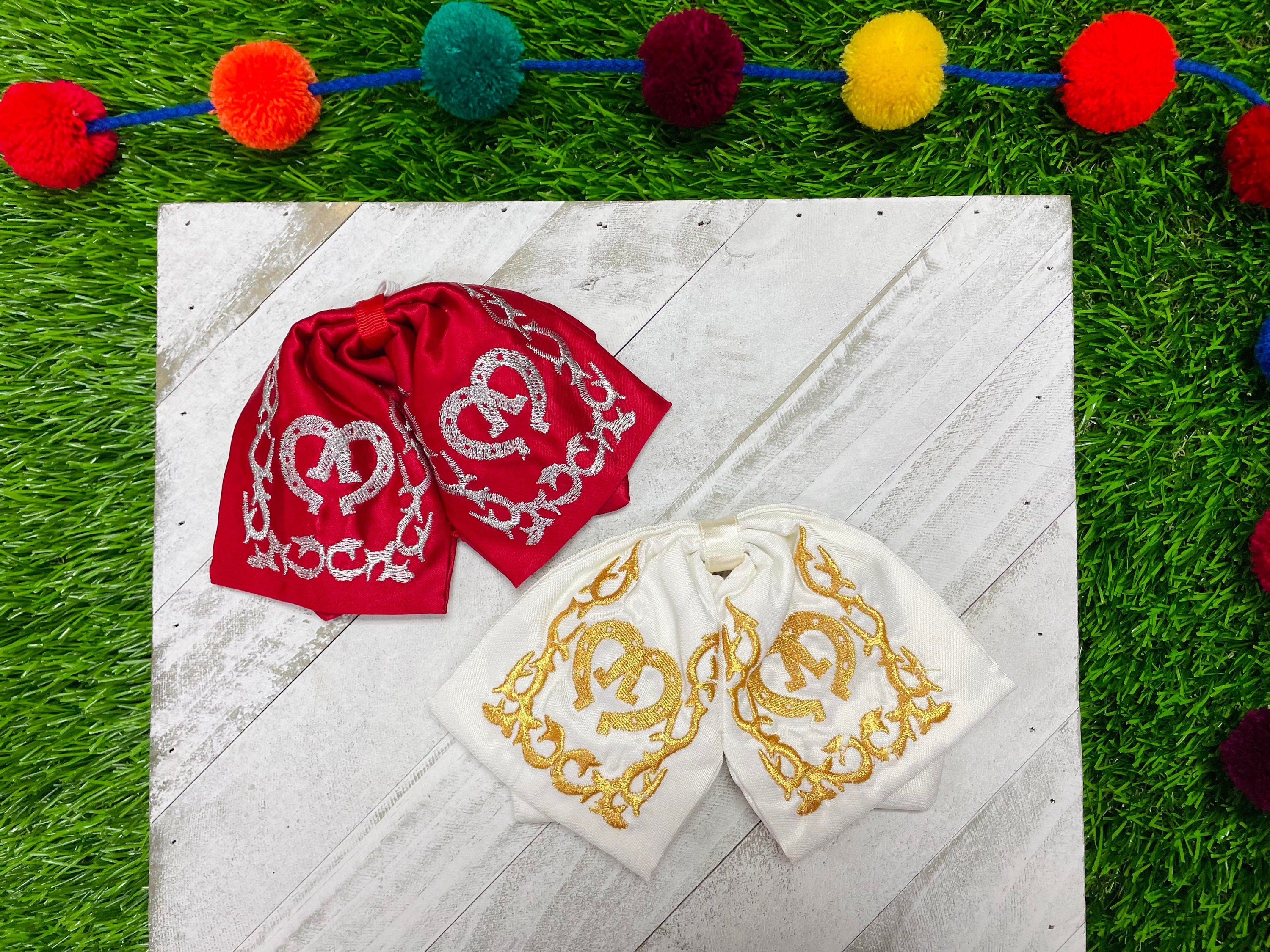 Image of Mexican Embroidered Bowties - Satin Floral Embroidered Bowtie with Elastic