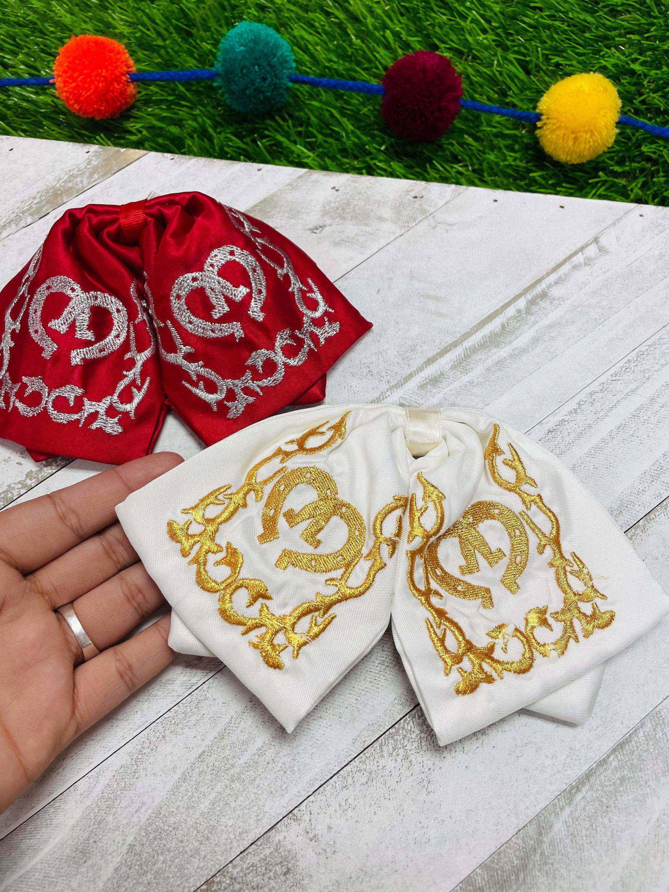 Image of Mexican Embroidered Bowties - Satin Floral Embroidered Bowtie with Elastic
