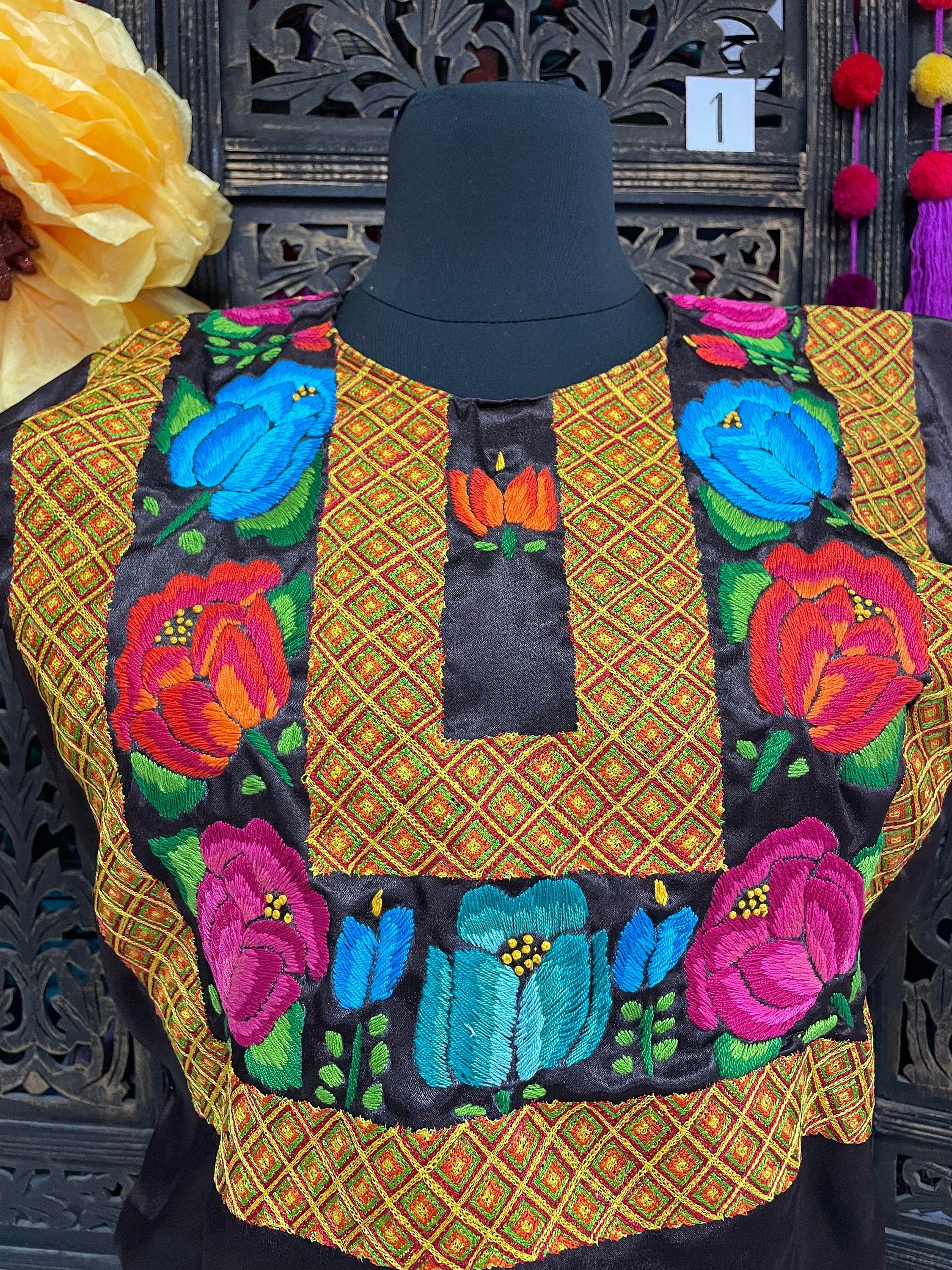 Beautiful Handmade Satin Huipil / Blouse - Mexican Embroidered Blouse - Artisan Made Blouse