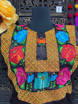 Image of Beautiful Handmade Satin Huipil / Blouse - Mexican Embroidered Blouse - Artisan Made Blouse
