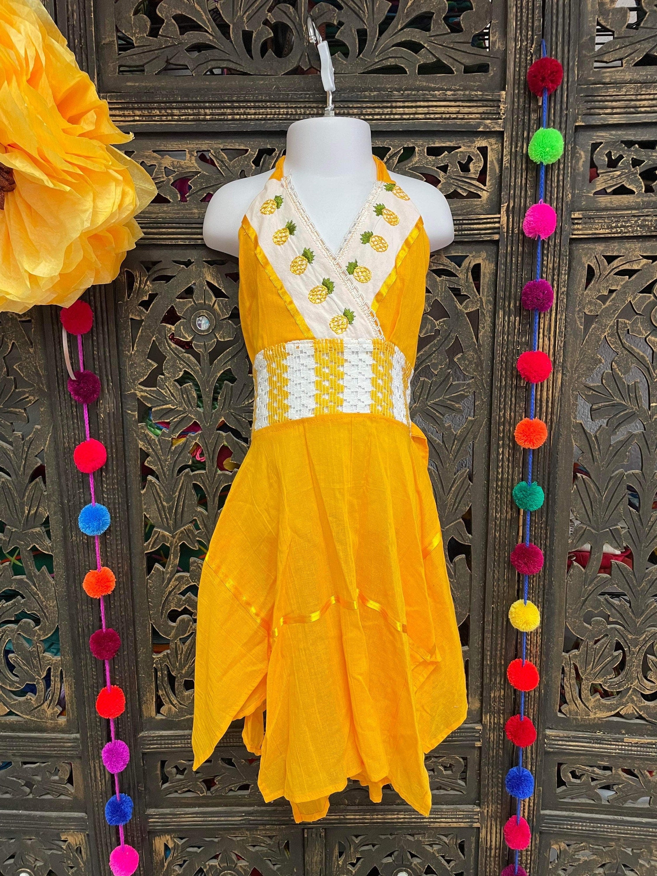 Artisanal Pinneapple Embroidered Girls Dress - Mexican Embroidered Dress