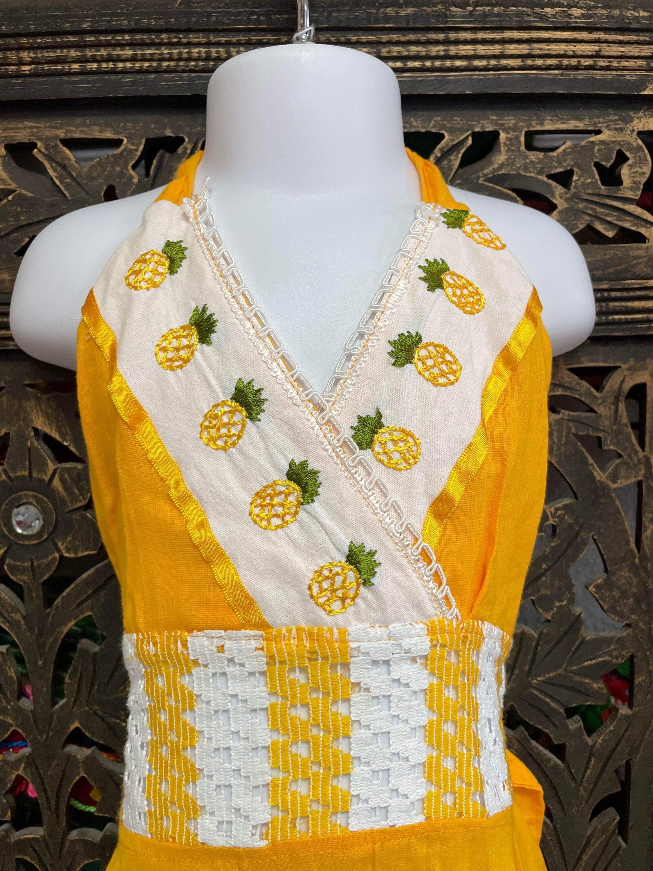 Image of Artisanal Pinneapple Embroidered Girls Dress - Mexican Embroidered Dress