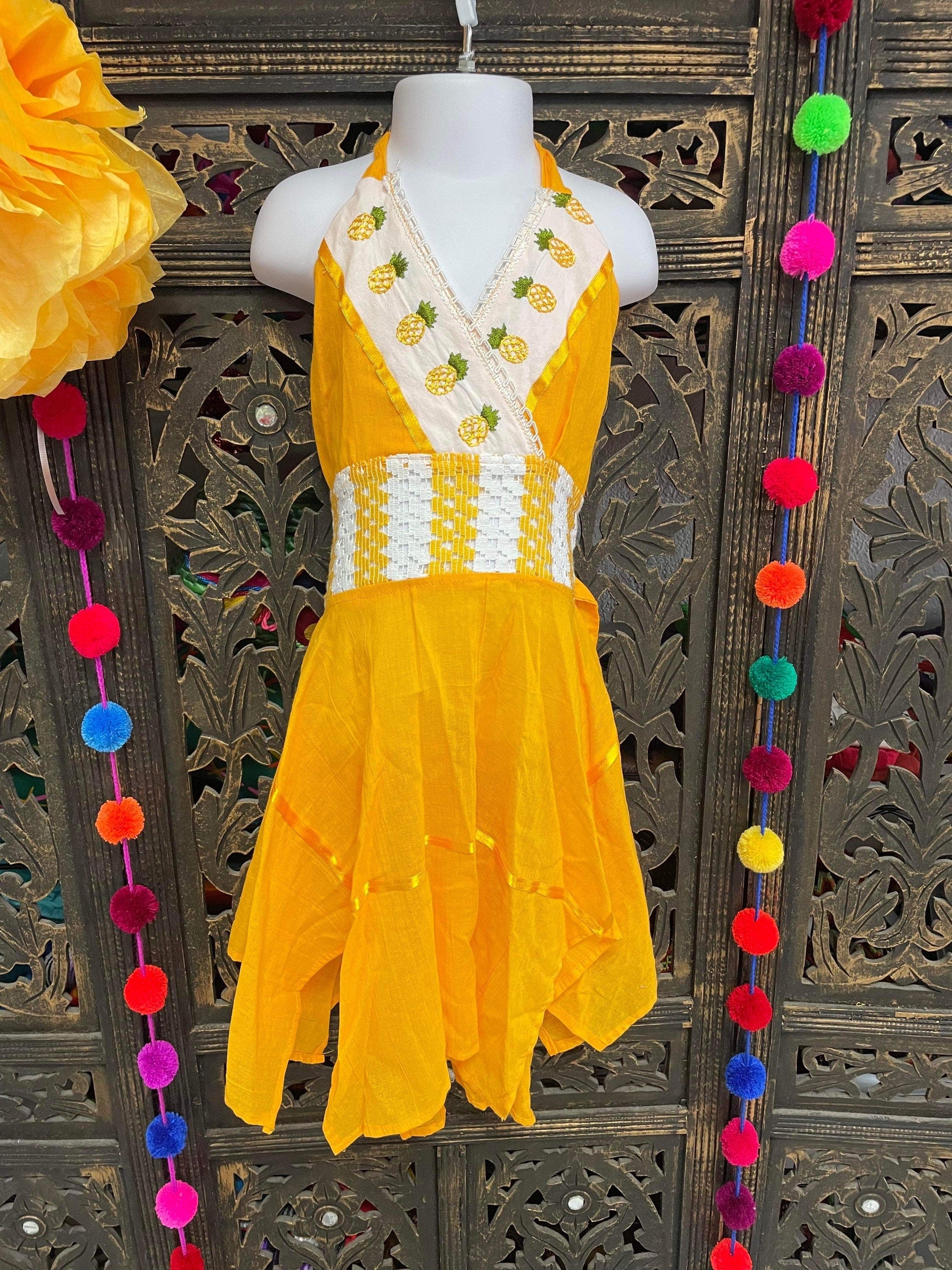 Image of Artisanal Pinneapple Embroidered Girls Dress - Mexican Embroidered Dress