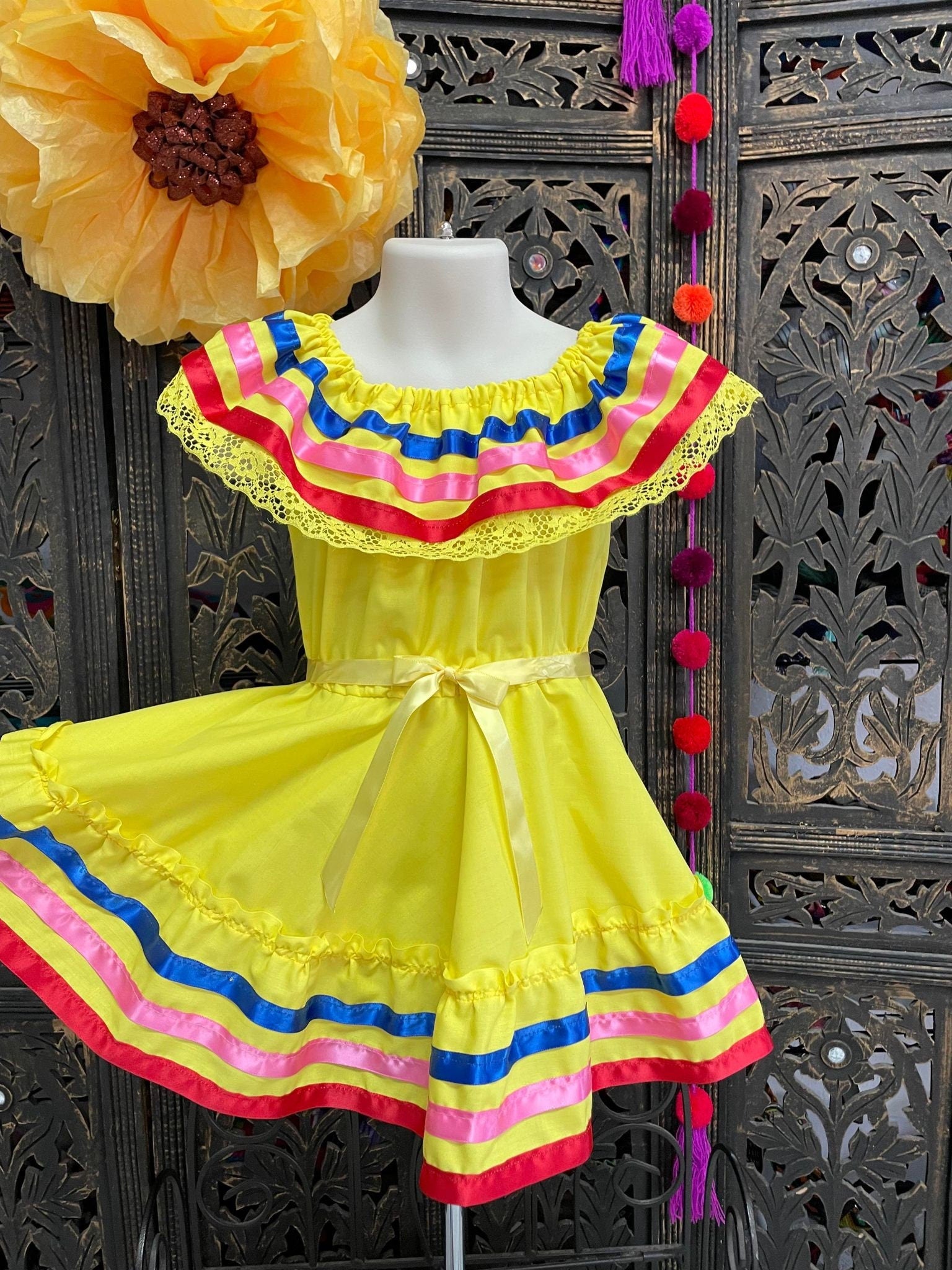 Image of Ribbon Fiesta Dress - Girls Halloween Costume - Handmade Mexican Dress