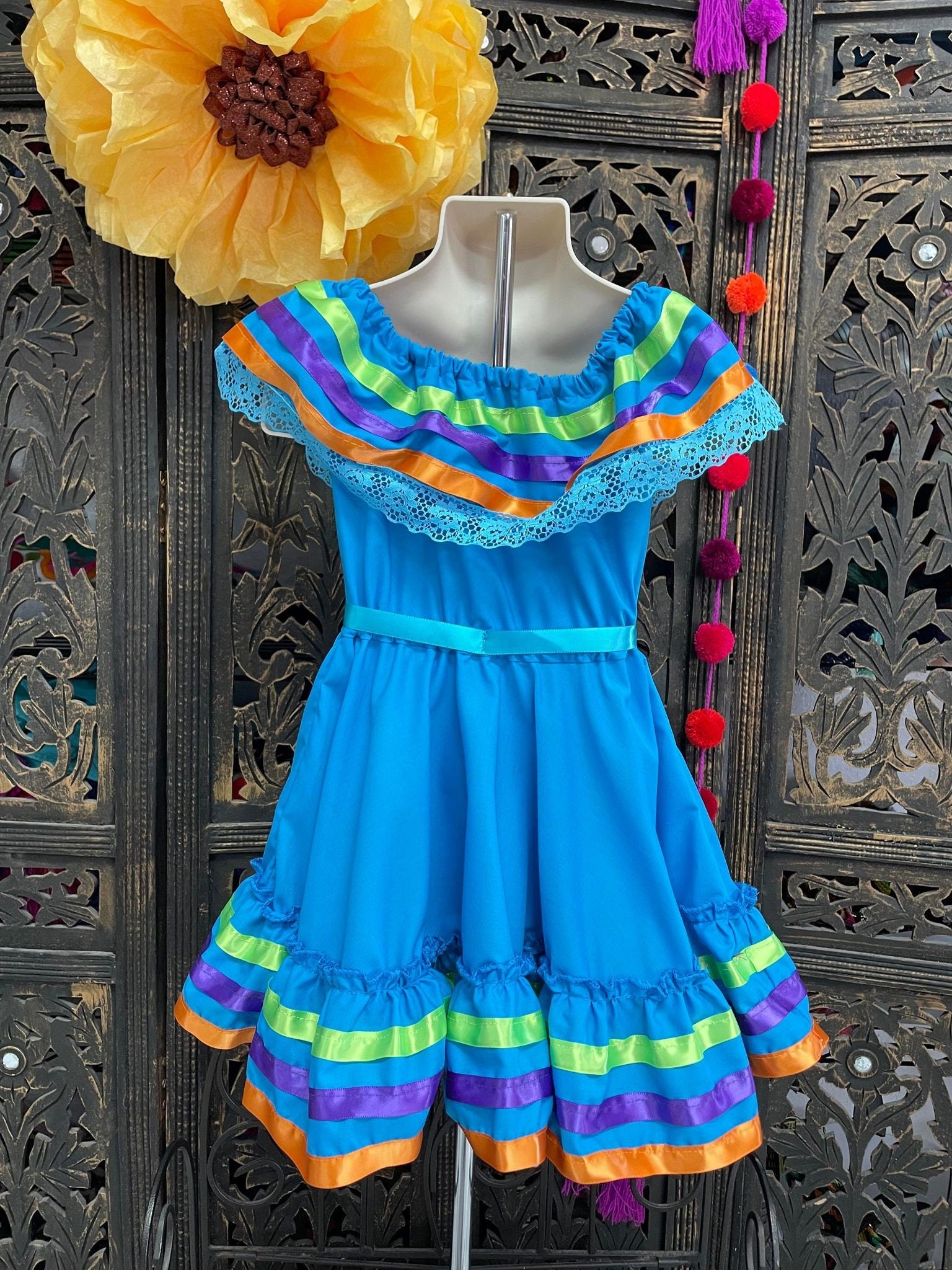 Ready to Ship Ribbon Fiesta Dress - Girls Halloween Costume - Handmade Mexican Dress
