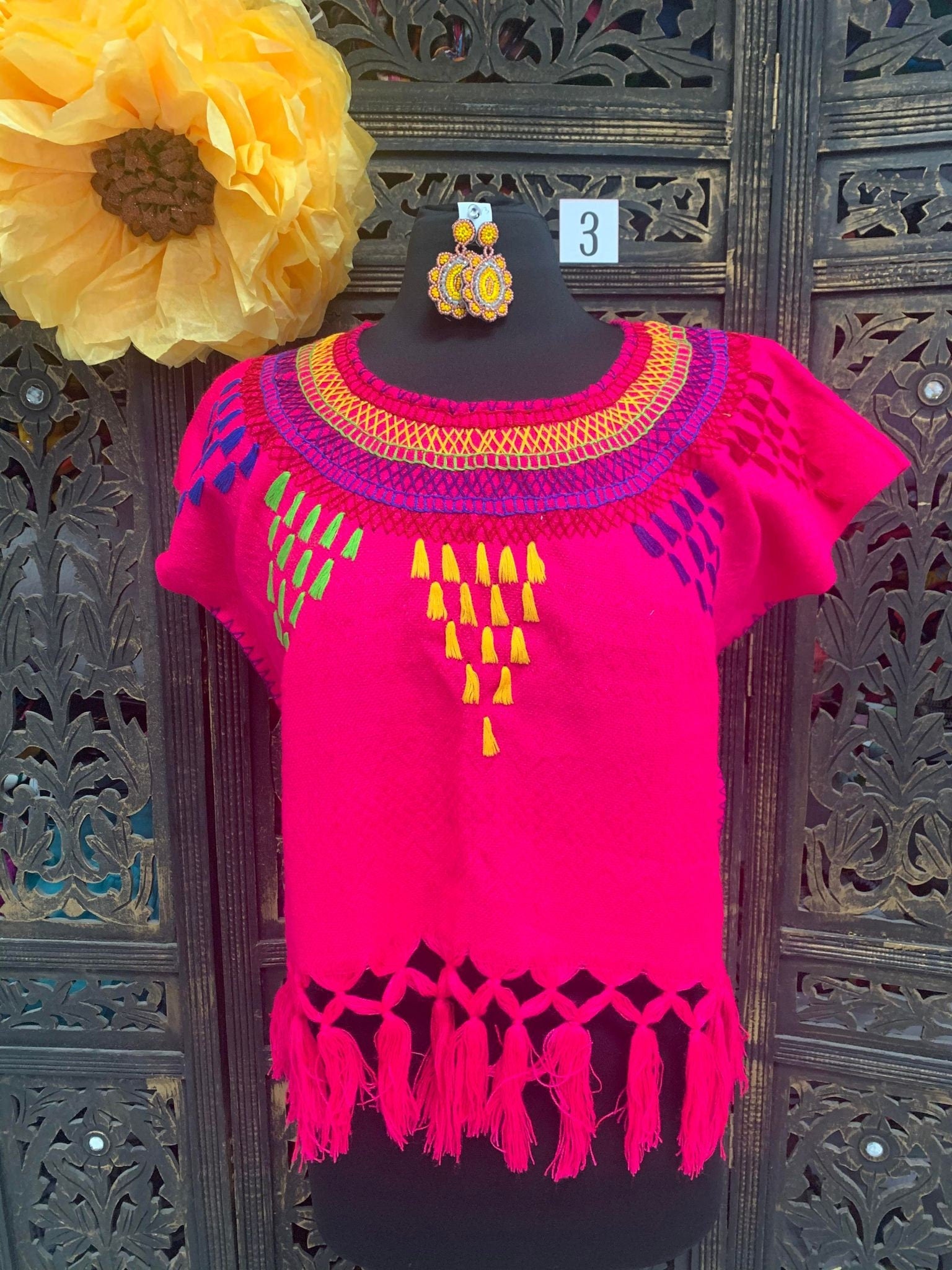 Image of Artisanal Fringe Top - Mexican Fringe Blouse Large Size
