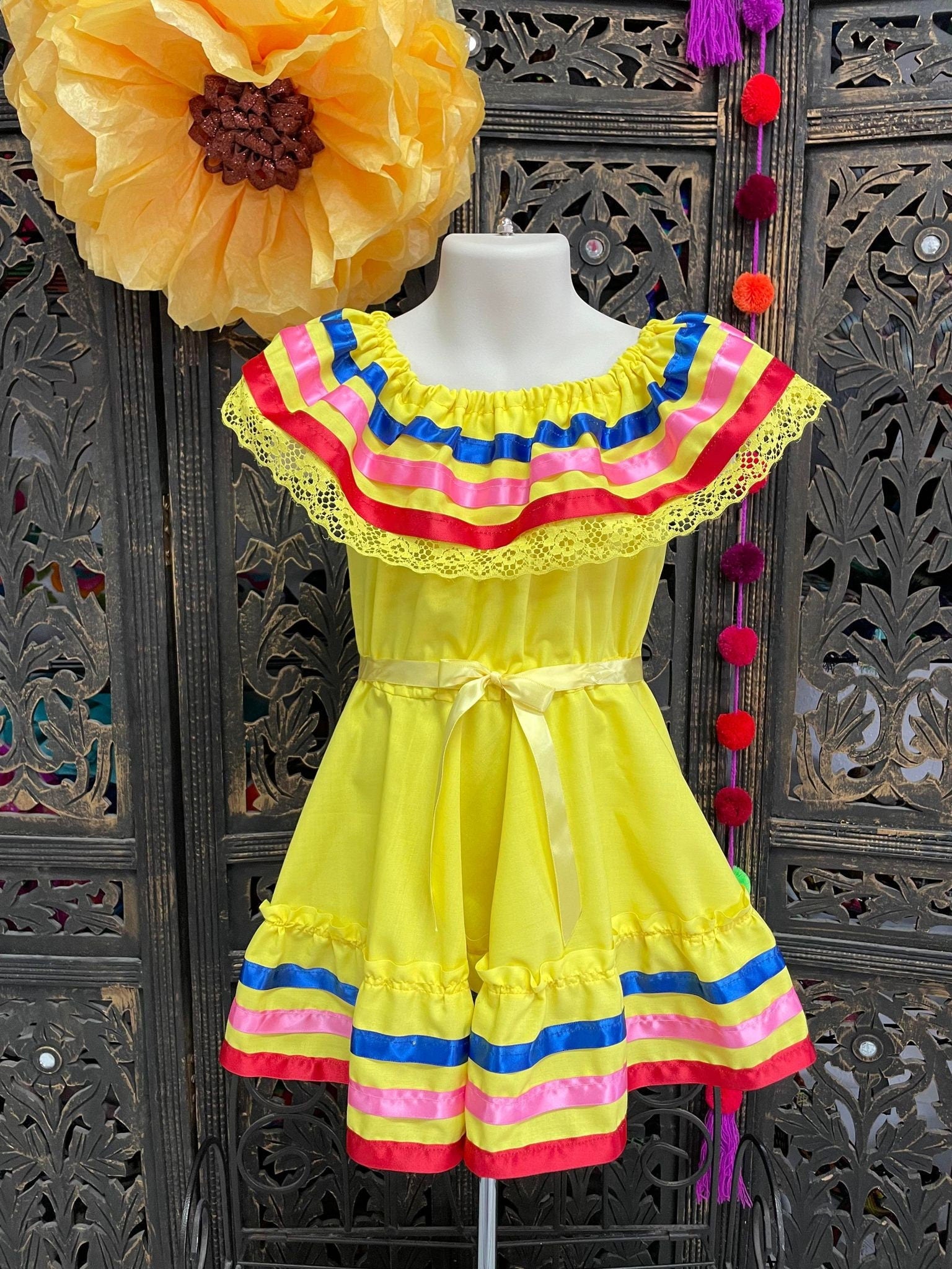 Image of Ribbon Fiesta Dress - Girls Halloween Costume - Handmade Mexican Dress