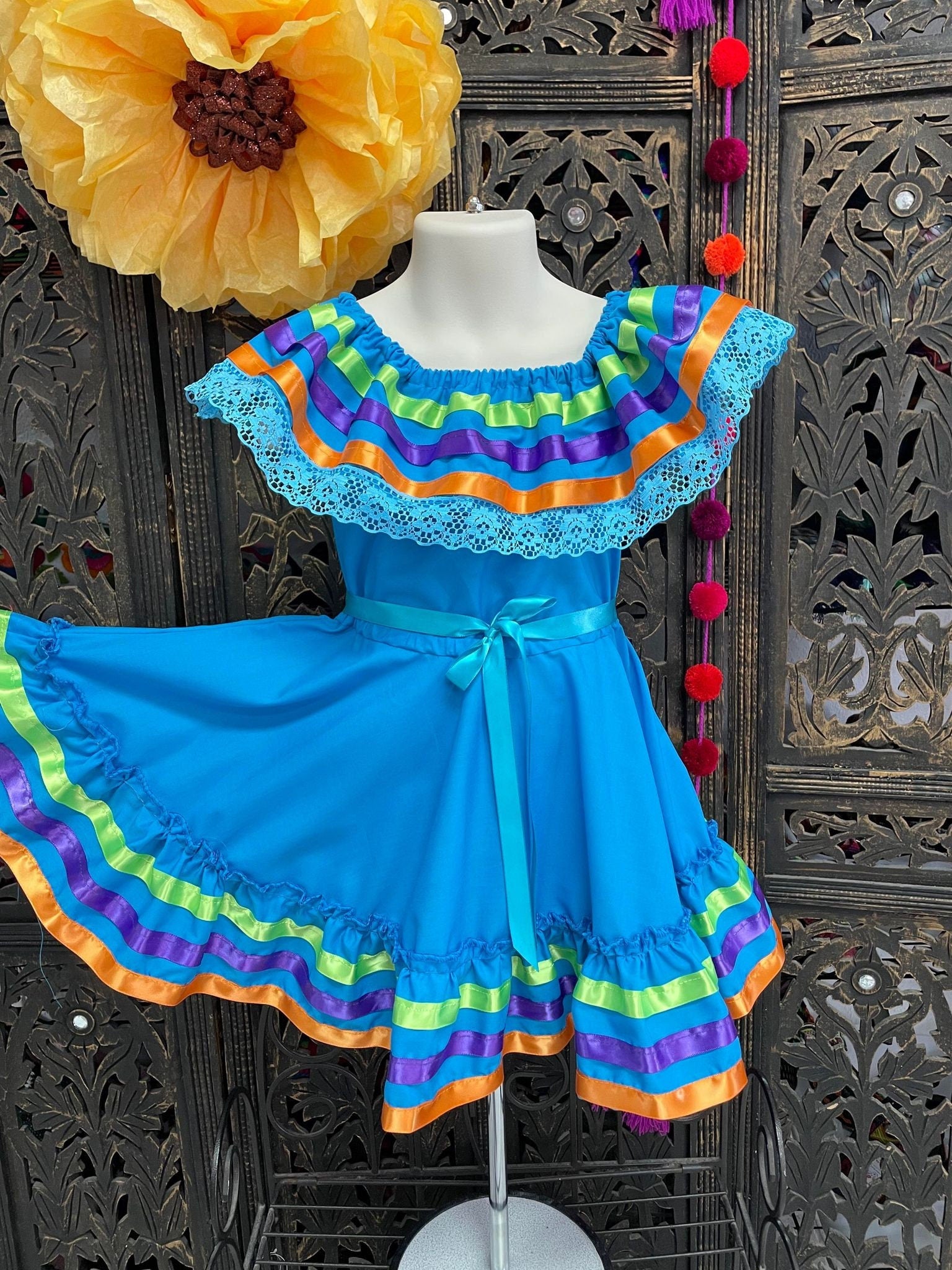 Image of Ribbon Fiesta Dress - Girls Halloween Costume - Handmade Mexican Dress