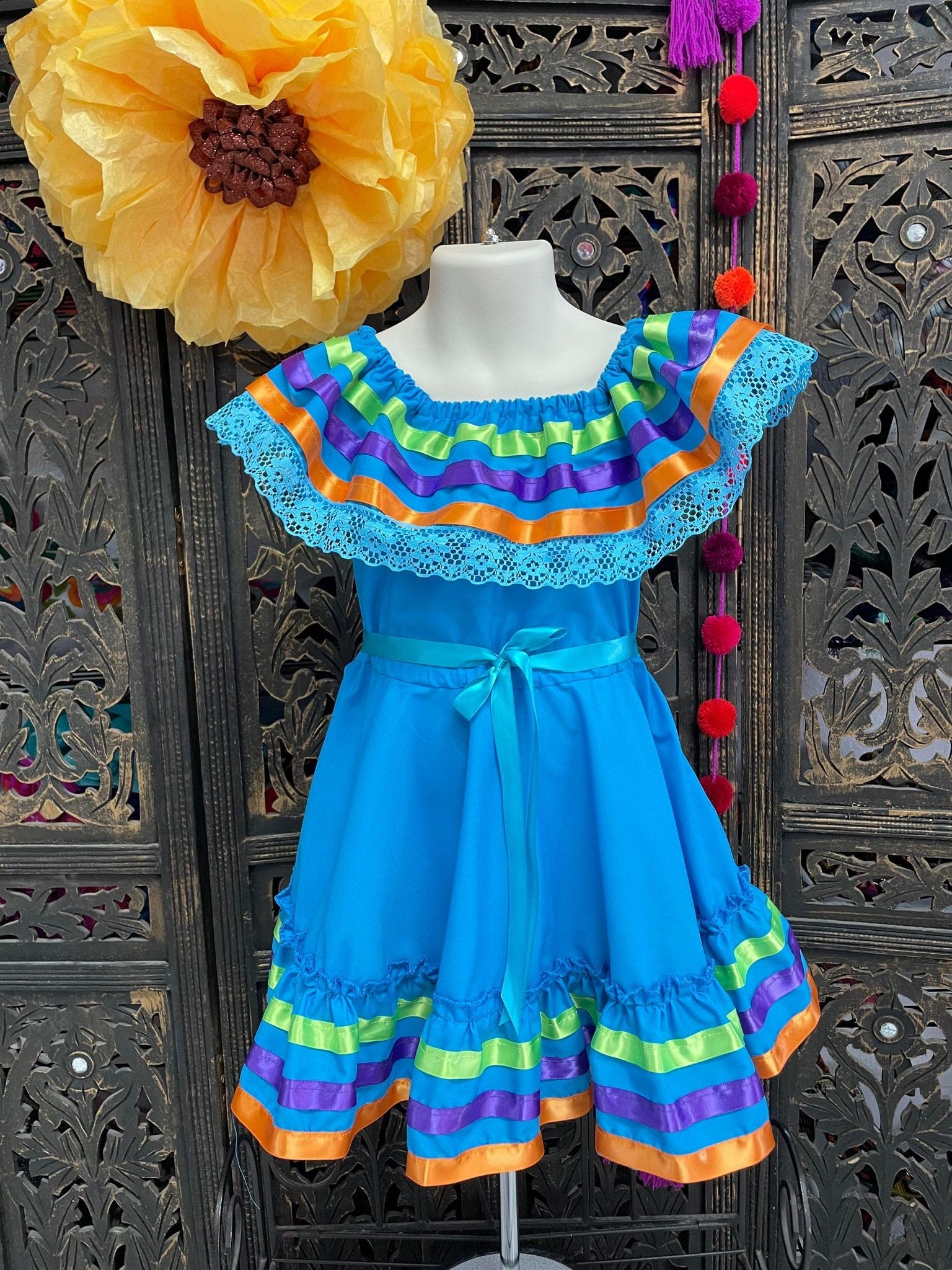 Image of Ribbon Fiesta Dress - Girls Halloween Costume - Handmade Mexican Dress