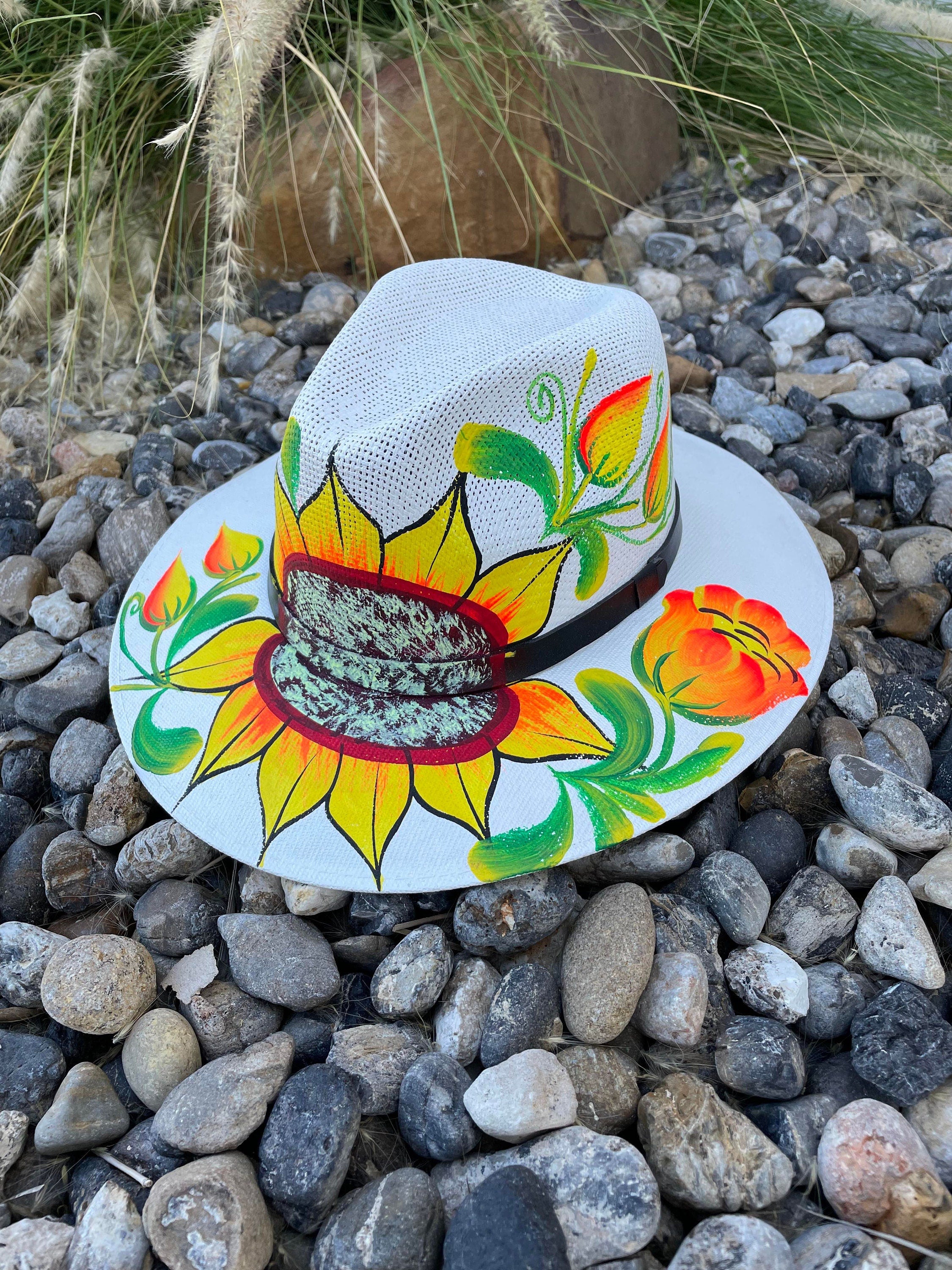 Image of Gorgeous Large Hand Painted Mexican Straw Hat - Artisanal Hat - Western Hat