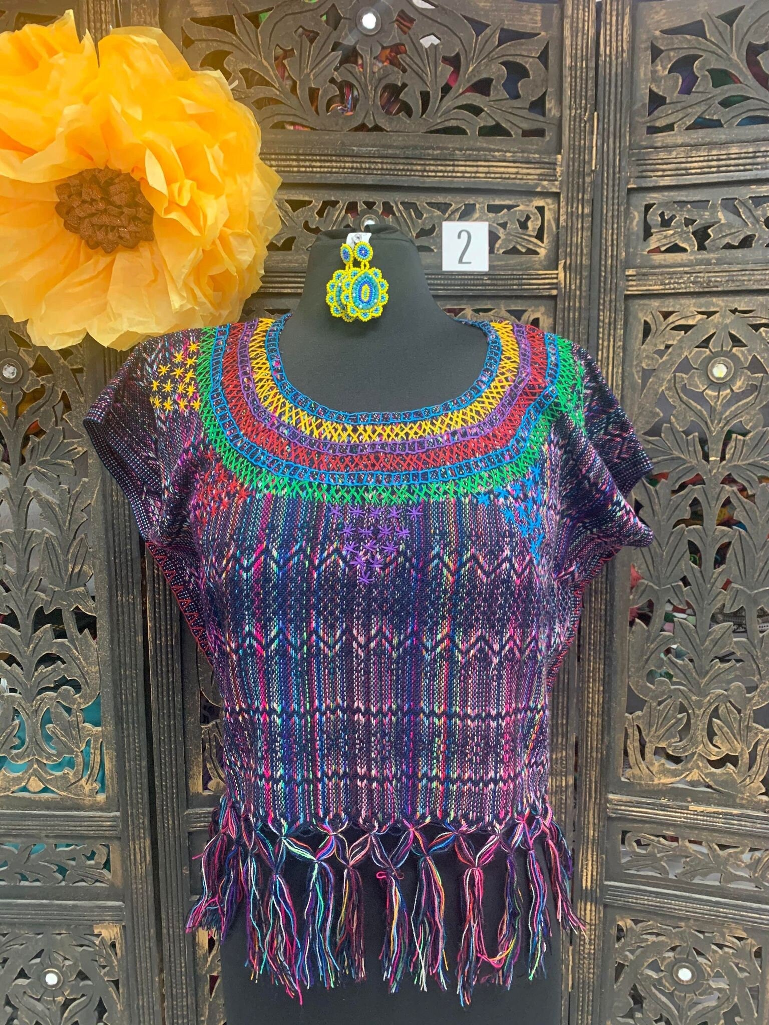 Image of Artisanal Fringe Top - Mexican Fringe Blouse Large Size