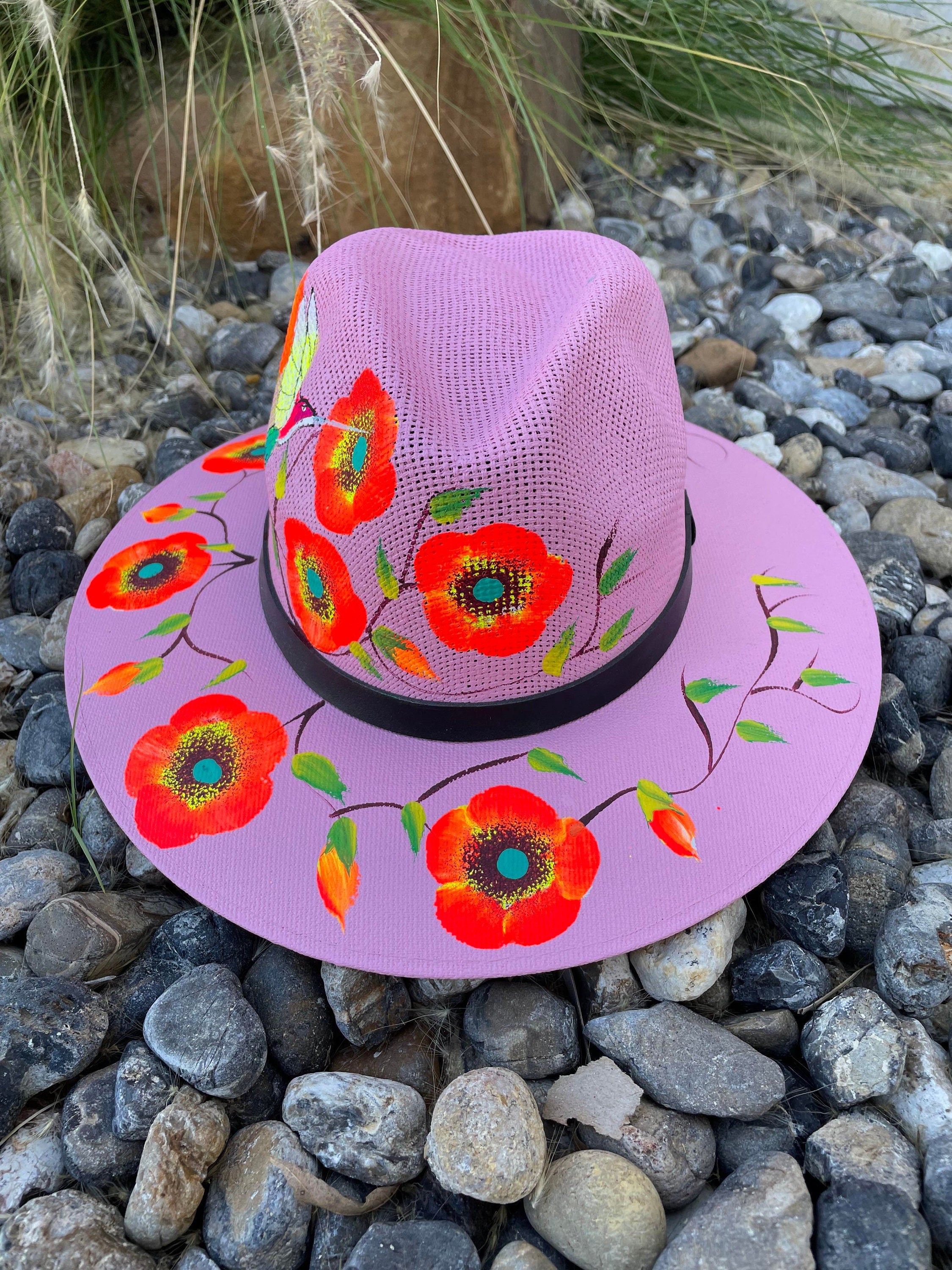 Image of Gorgeous Large Hand Painted Mexican Straw Hat - Artisanal Hat - Western Hat