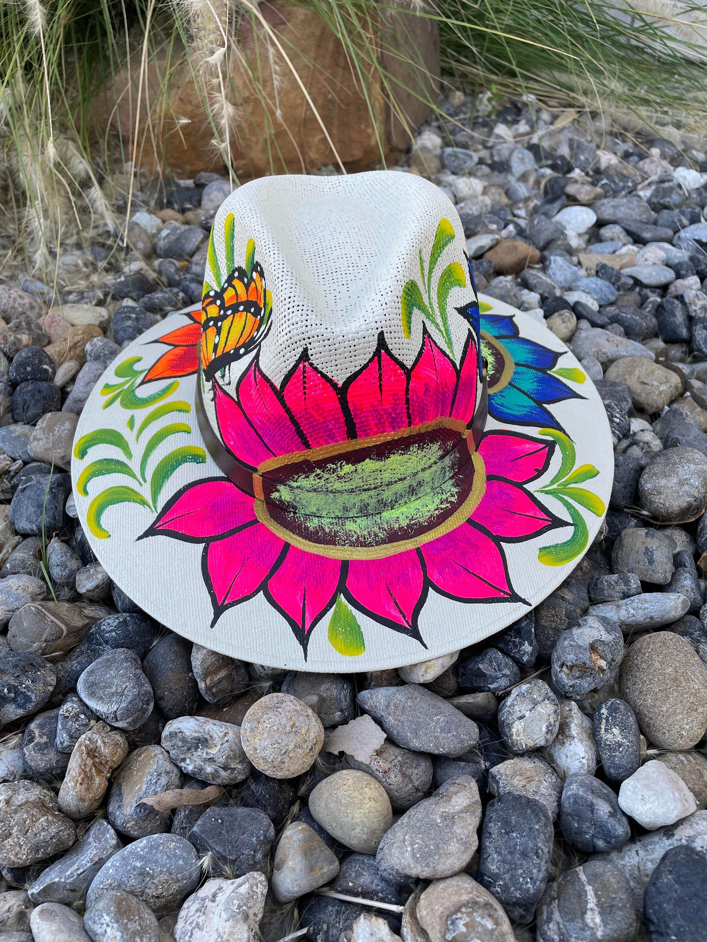 Image of Gorgeous Large Hand Painted Mexican Straw Hat - Artisanal Hat - Western Hat