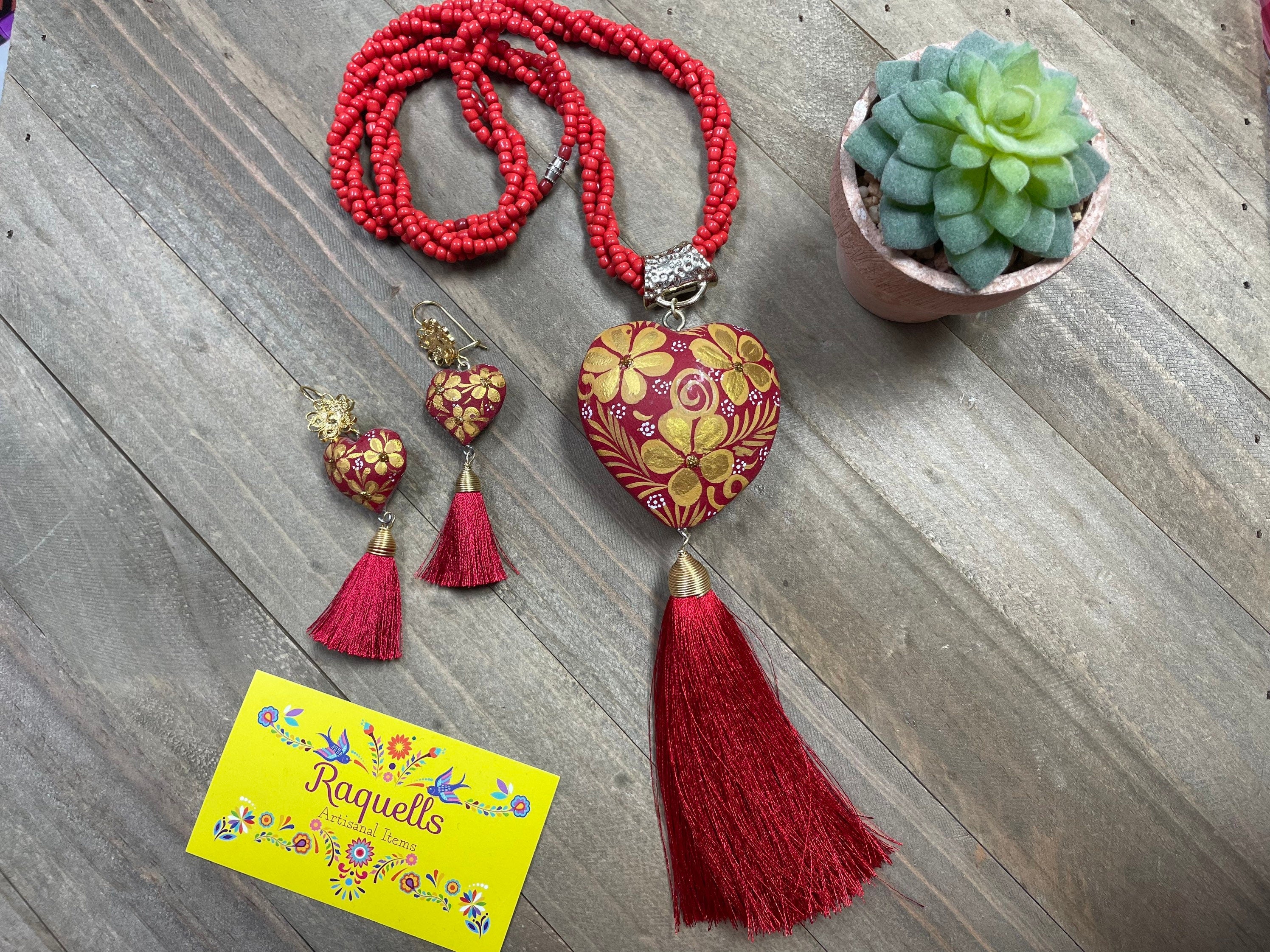 Image of Beautiful Hand Painted Artisanal Necklaces - Mexican Wooden Hearts - Mexican Necklace made by our Oaxaca Artisan Partners