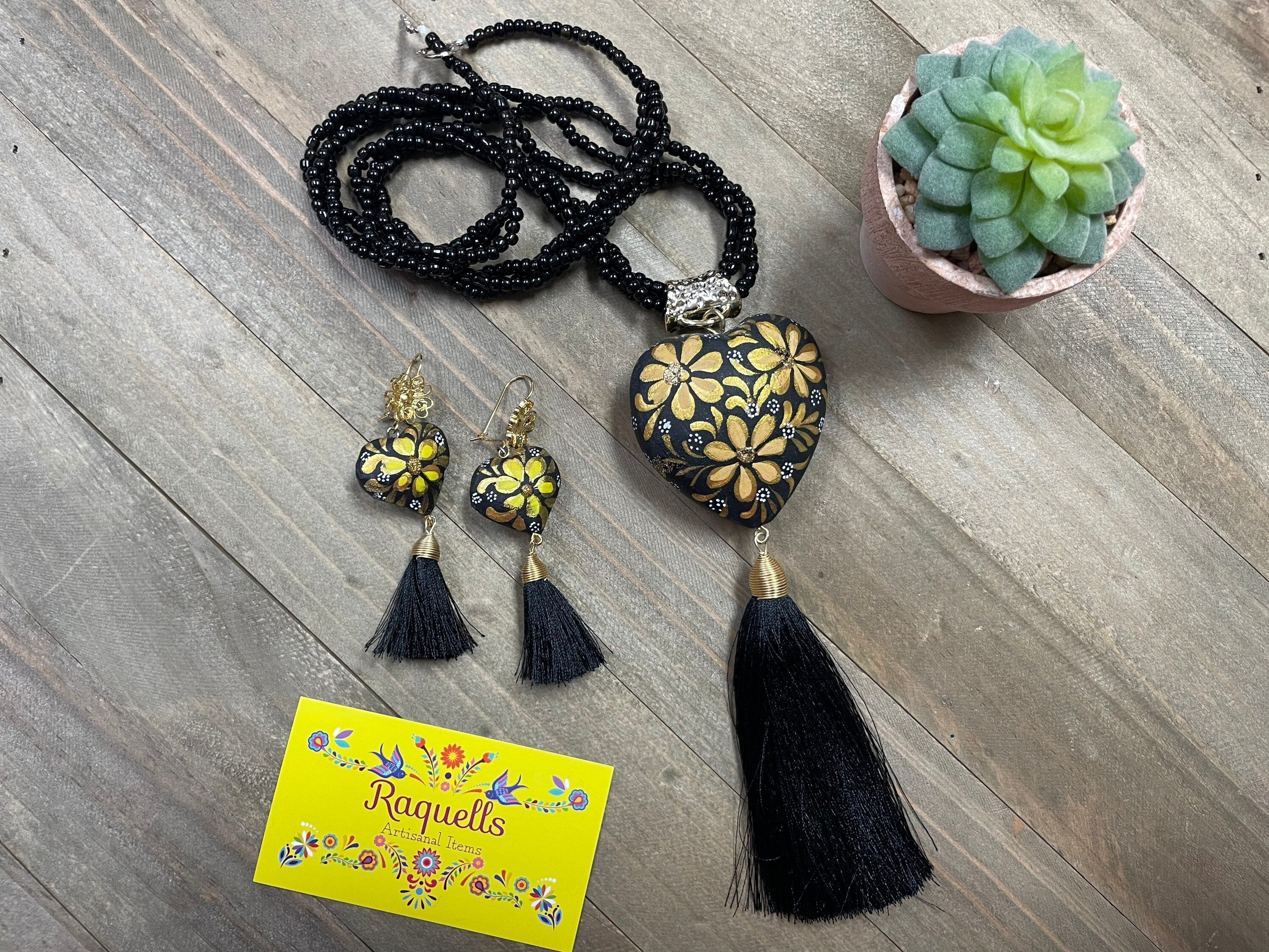 Image of Beautiful Hand Painted Artisanal Necklaces - Mexican Wooden Hearts - Mexican Necklace made by our Oaxaca Artisan Partners