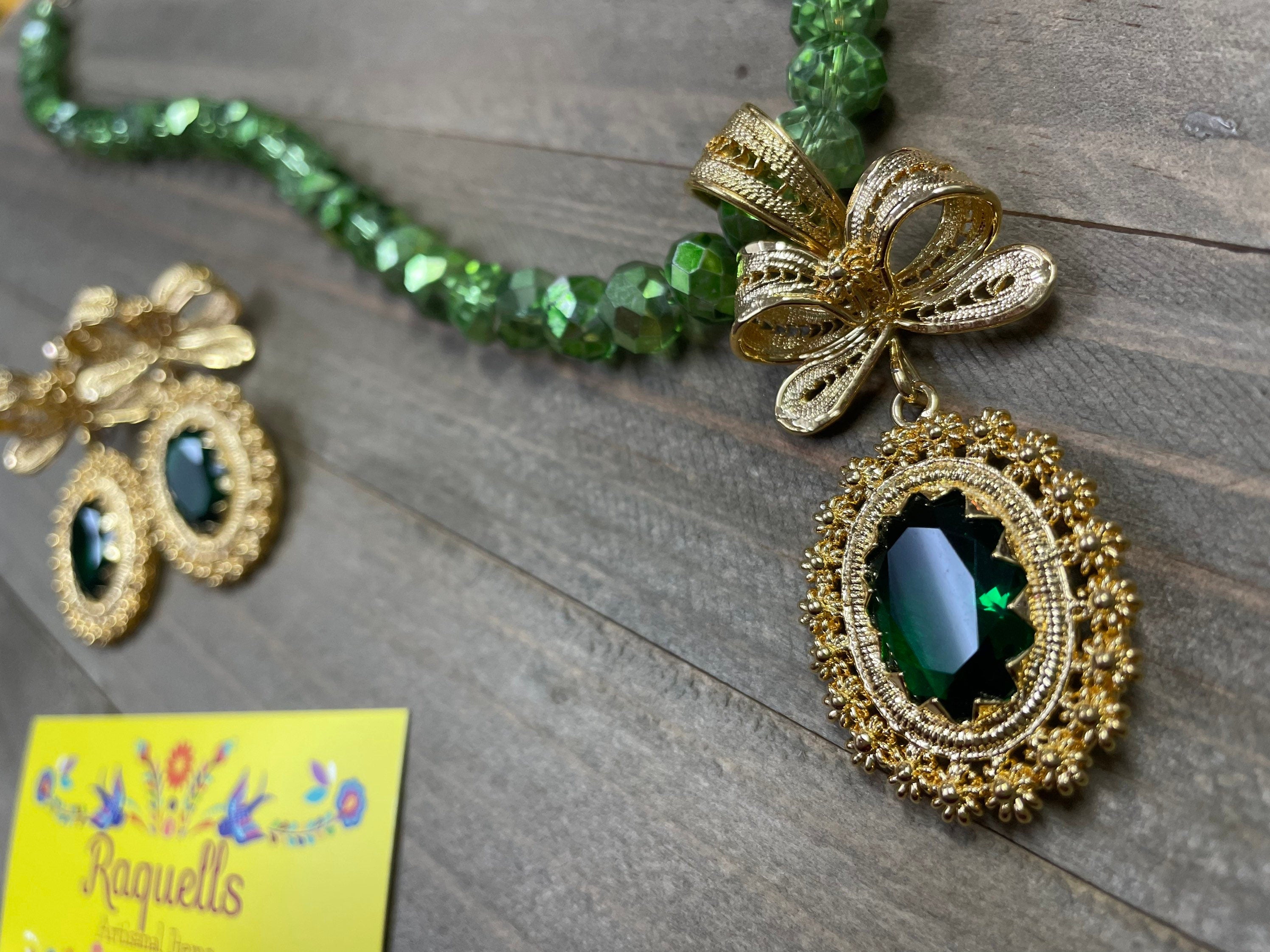 Image of Beautiful Handmade Artisanal Gold Plated Filigree Jewelry Set - Beaded Necklace - Mexican Style Jewelry