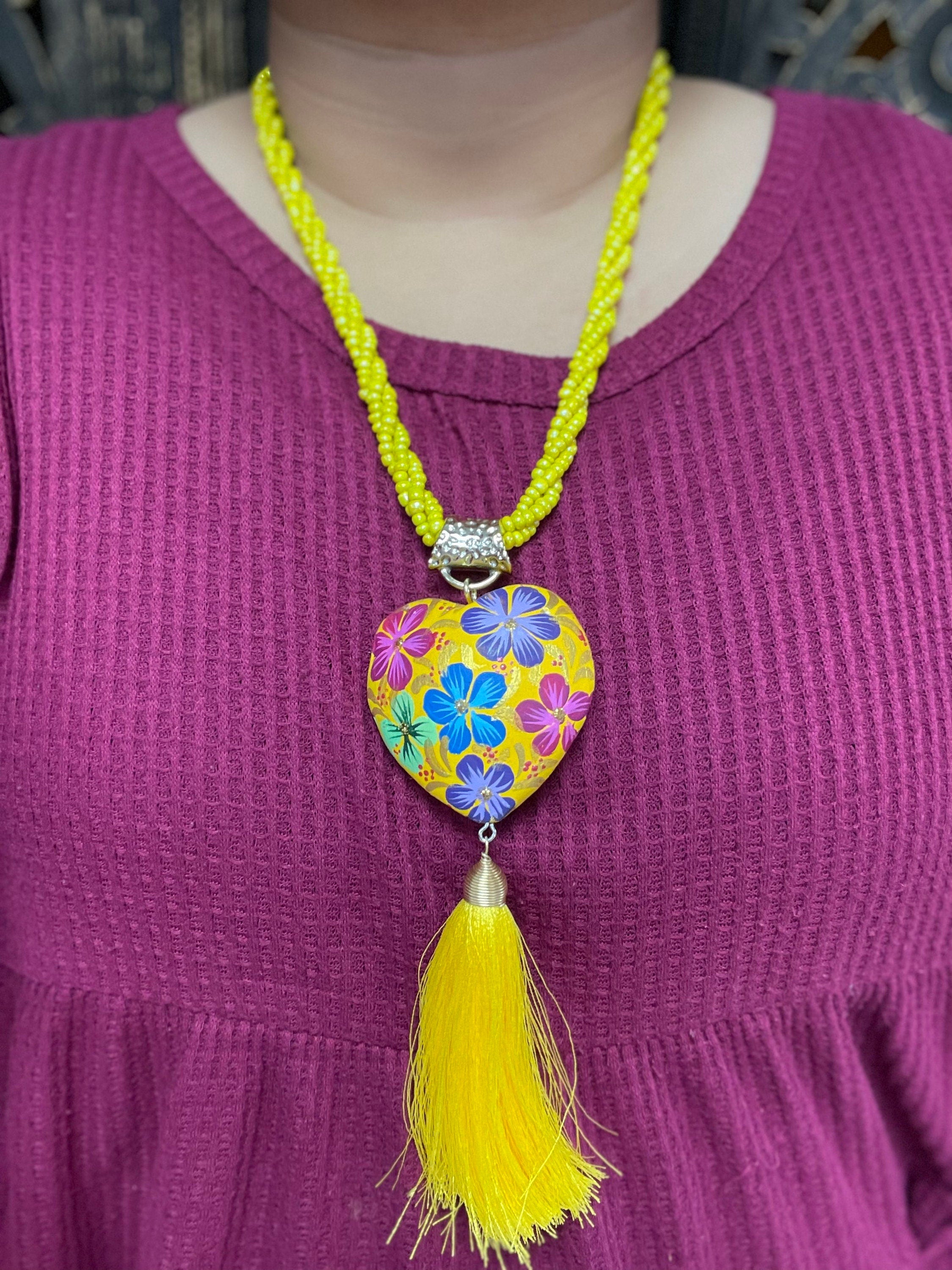 Image of Beautiful Hand Painted Artisanal Necklaces - Mexican Wooden Hearts - Mexican Necklace made by our Oaxaca Artisan Partners