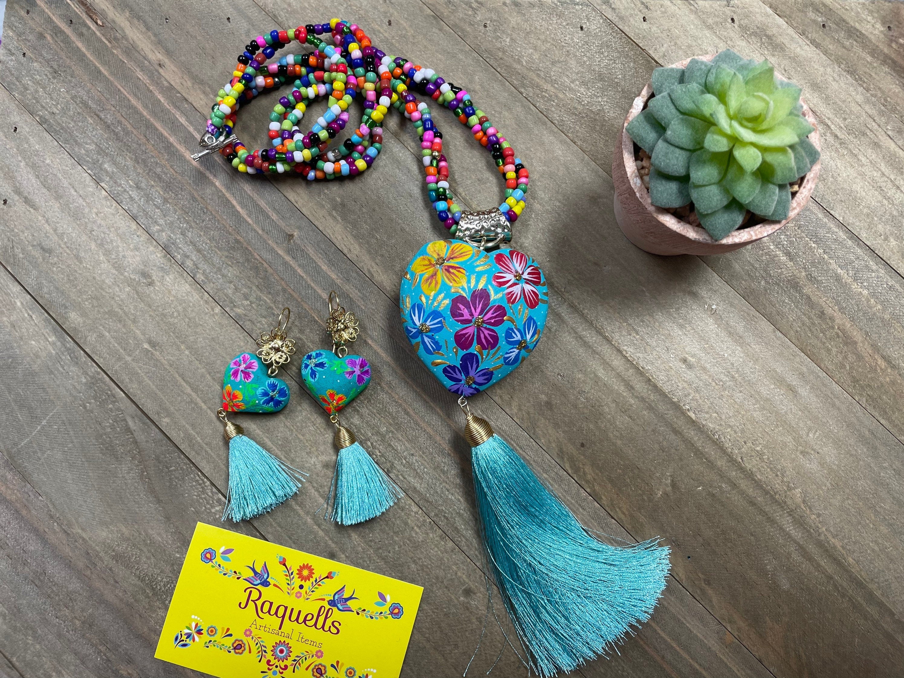 Image of Beautiful Hand Painted Artisanal Necklaces - Mexican Wooden Hearts - Mexican Necklace made by our Oaxaca Artisan Partners