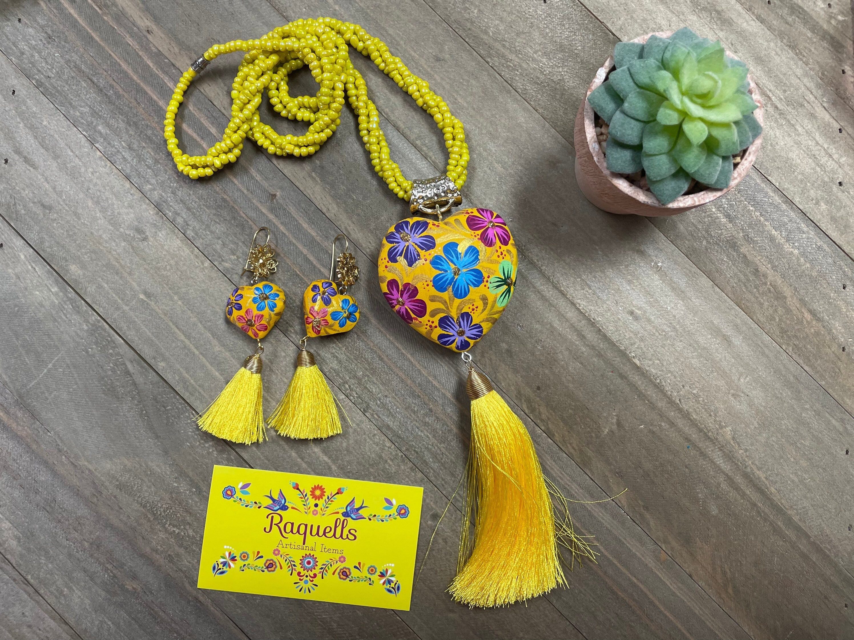 Image of Beautiful Hand Painted Artisanal Necklaces - Mexican Wooden Hearts - Mexican Necklace made by our Oaxaca Artisan Partners