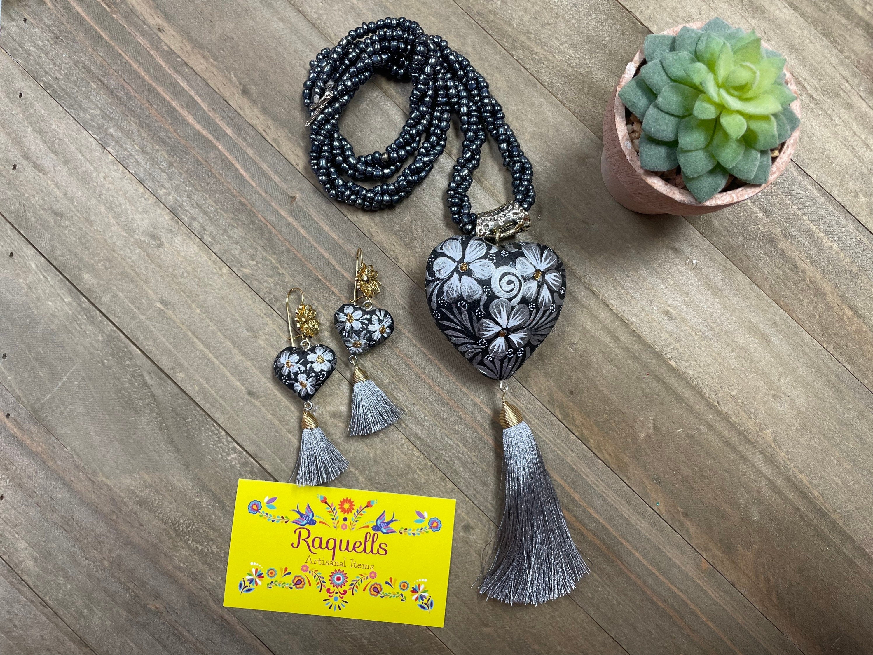 Image of Beautiful Hand Painted Artisanal Necklaces - Mexican Wooden Hearts - Mexican Necklace made by our Oaxaca Artisan Partners