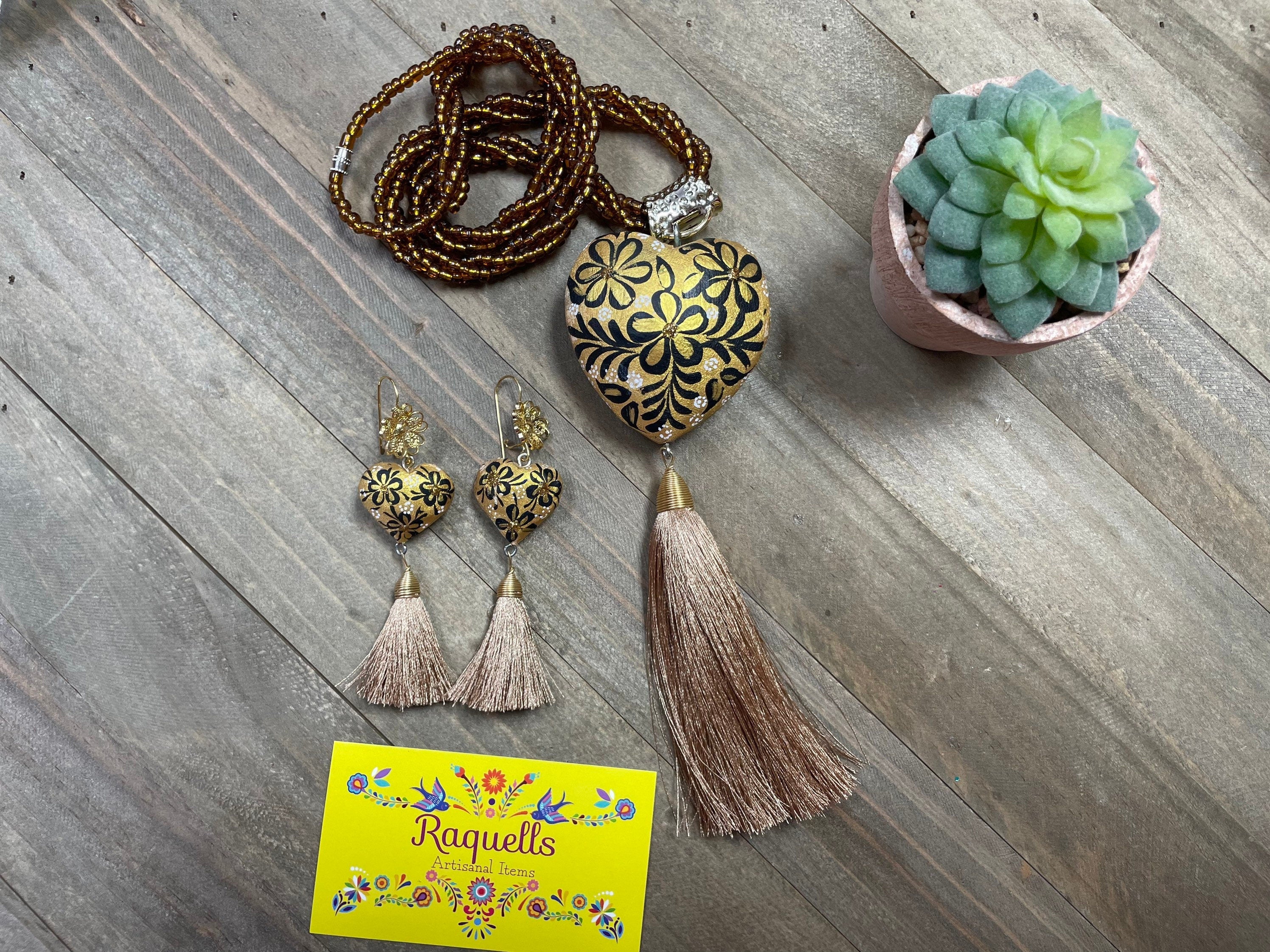Image of Beautiful Hand Painted Artisanal Necklaces - Mexican Wooden Hearts - Mexican Necklace made by our Oaxaca Artisan Partners