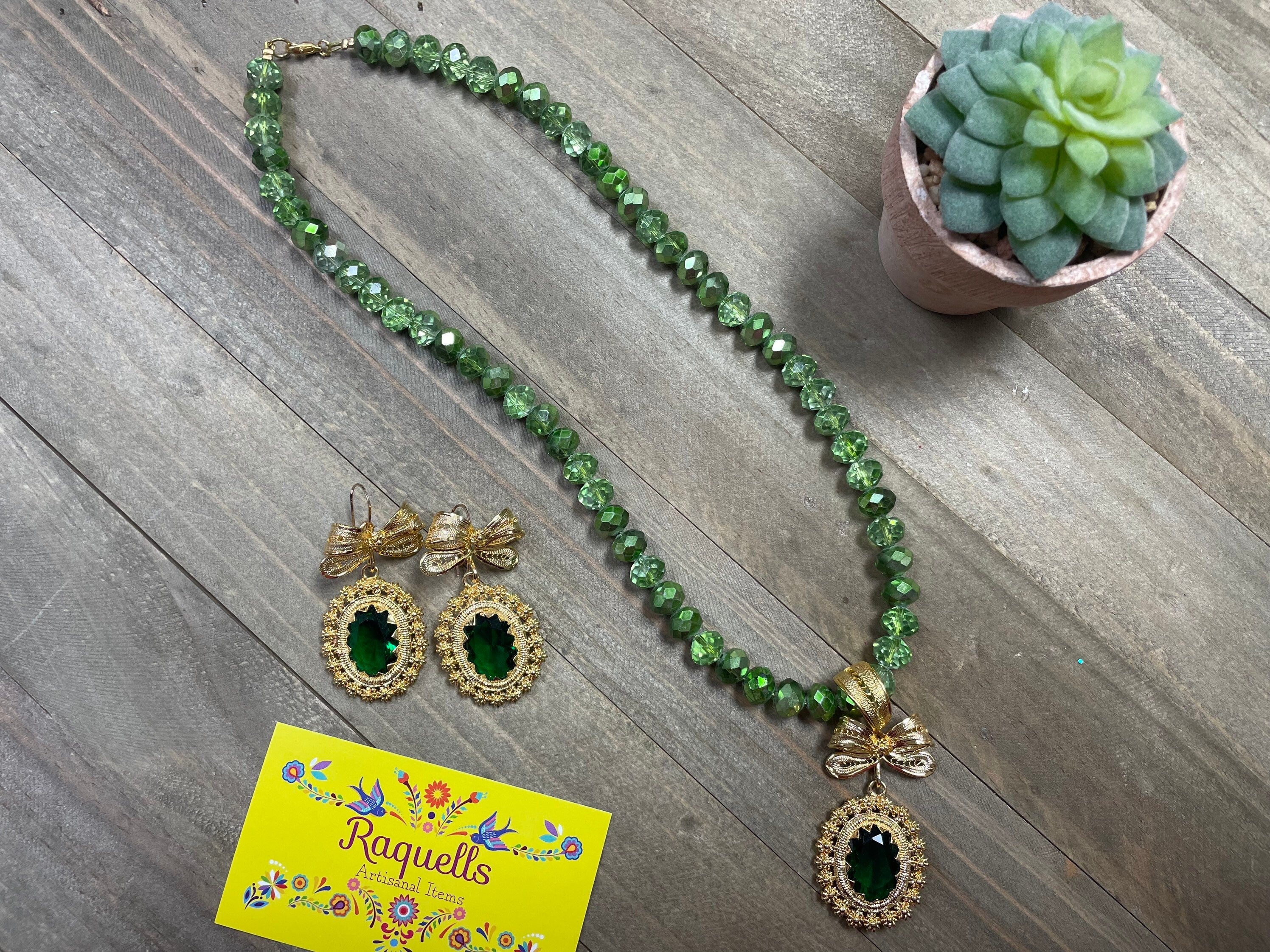Image of Beautiful Handmade Artisanal Gold Plated Filigree Jewelry Set - Beaded Necklace - Mexican Style Jewelry