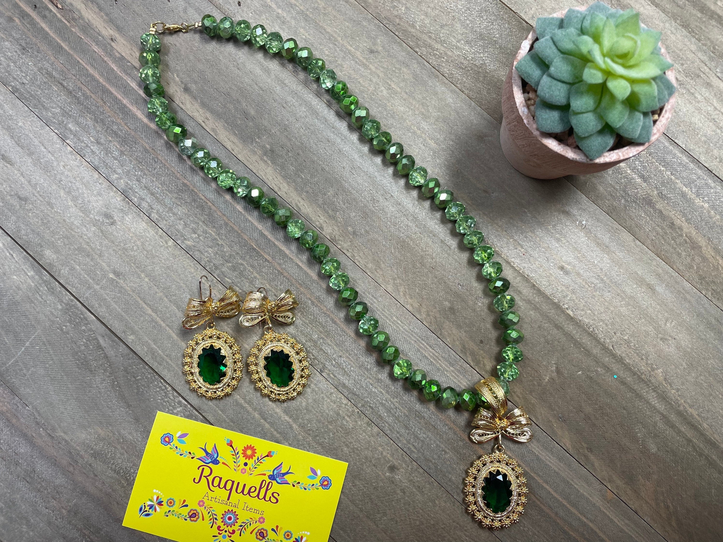 Image of Beautiful Handmade Artisanal Gold Plated Filigree Jewelry Set - Beaded Necklace - Mexican Style Jewelry