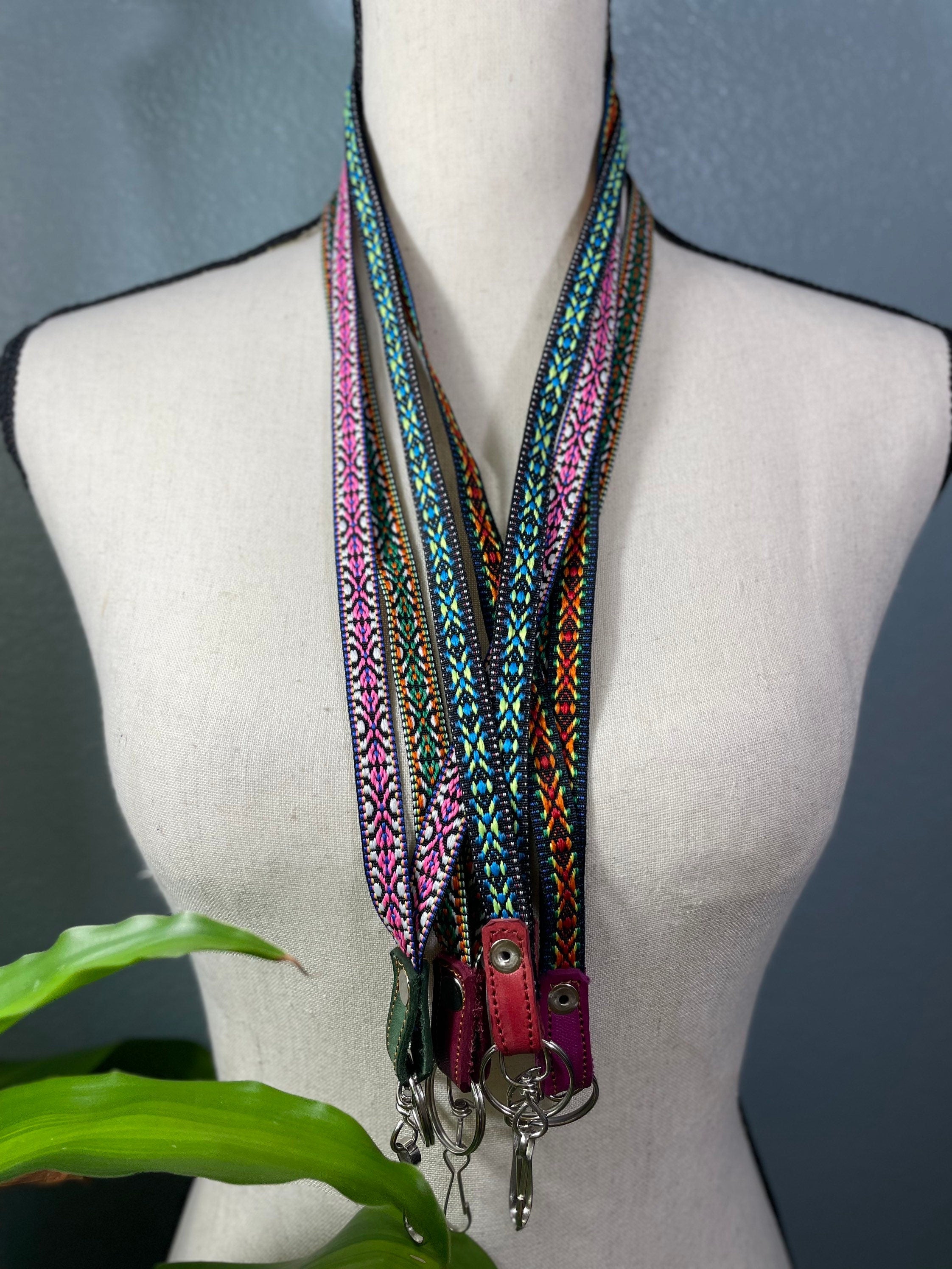 Image of Handmade Thin Geoprint Embroidered Lanyard - Mexican Lanyard - Artisanal Lanyard