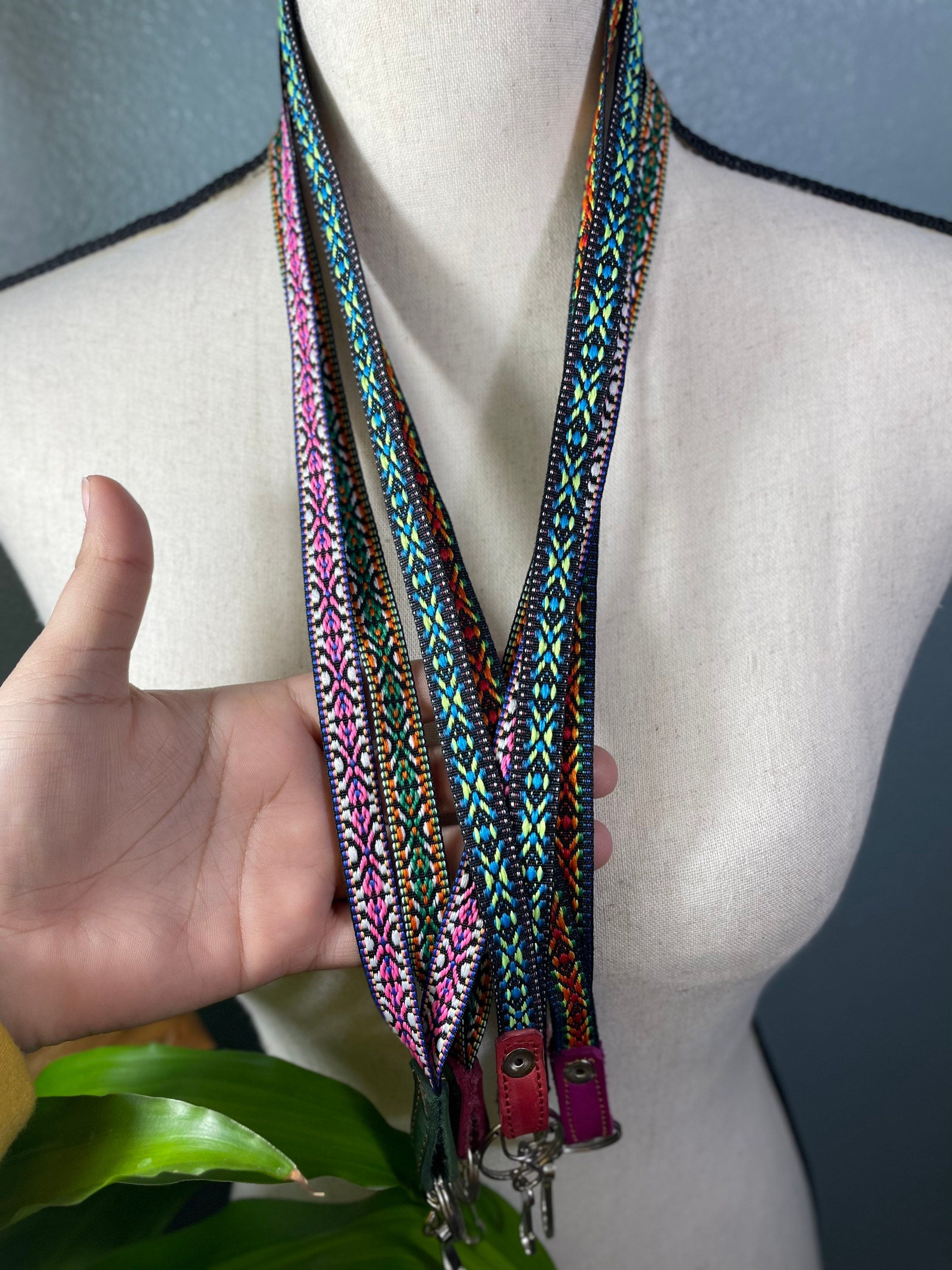 Image of Handmade Thin Geoprint Embroidered Lanyard - Mexican Lanyard - Artisanal Lanyard