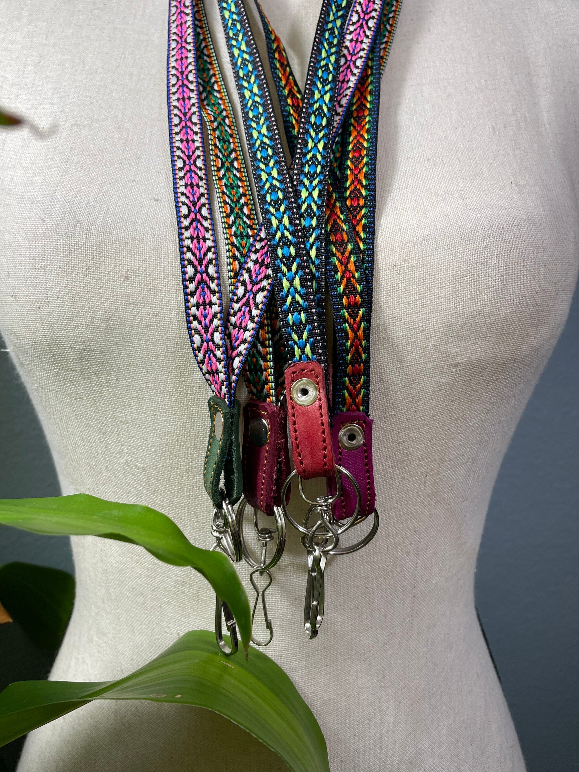 Image of Handmade Thin Geoprint Embroidered Lanyard - Mexican Lanyard - Artisanal Lanyard