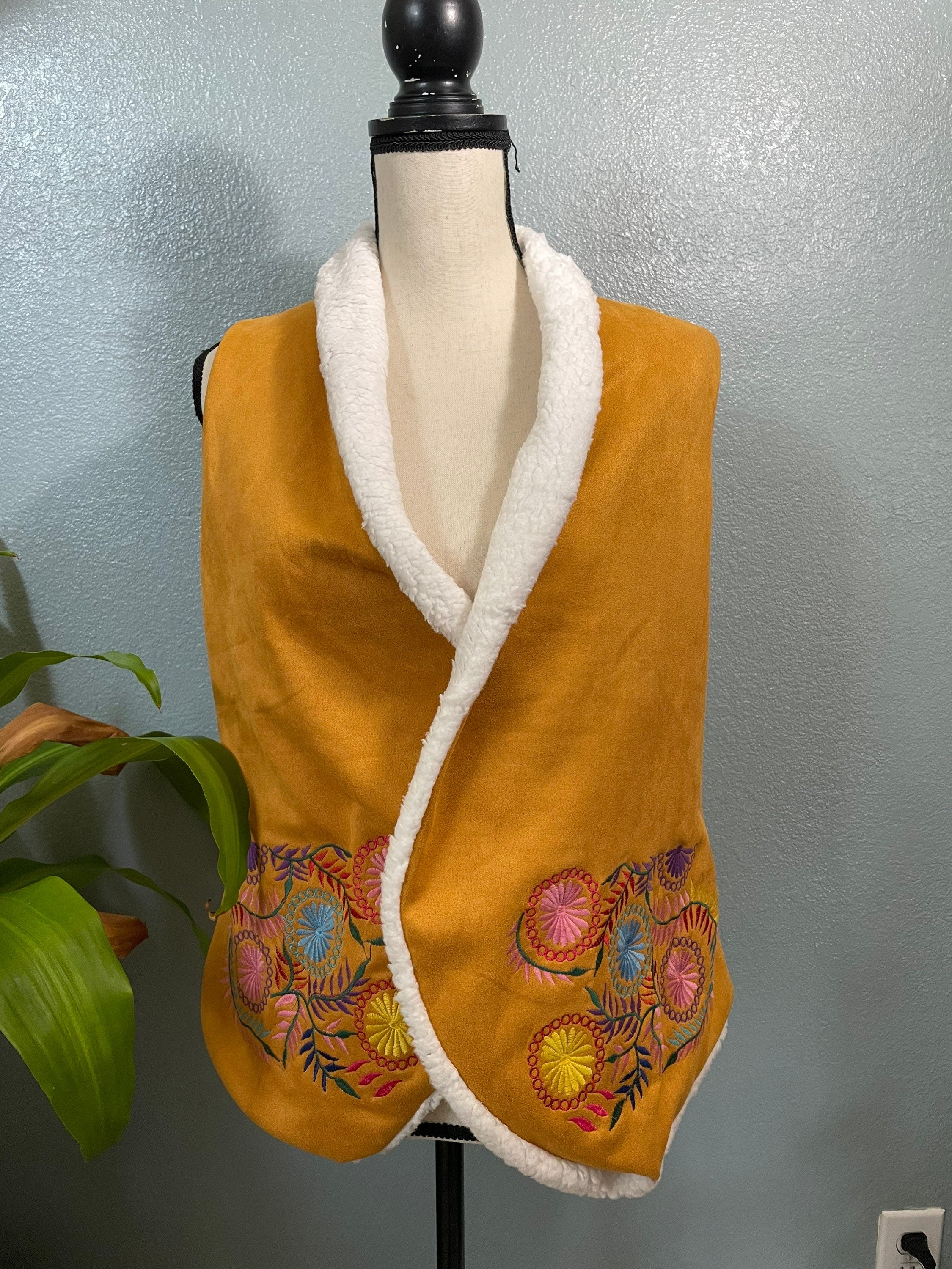 Mexican Embroidered Wool Vest - Hand Woven Artisanal One Size Fits S - Large