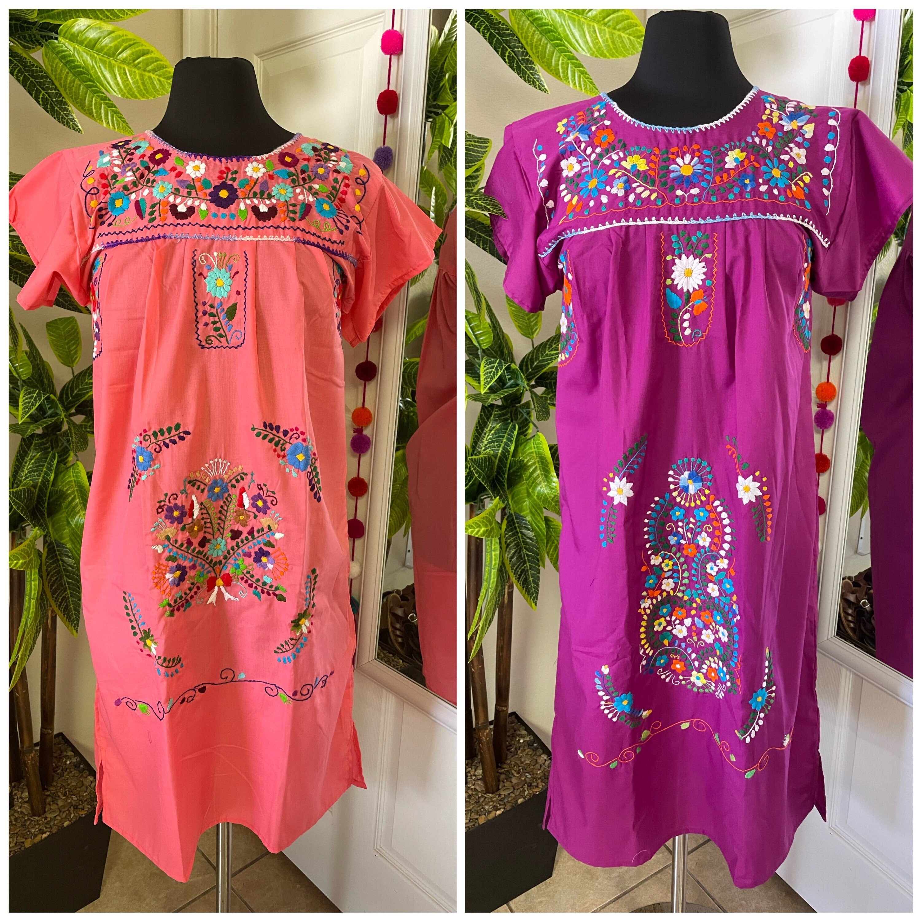 Women's Hand Embroidered Puebla Dress in S, M, L, XL, 2X & 3X sizes - Mexican Hand Embroidery Dress