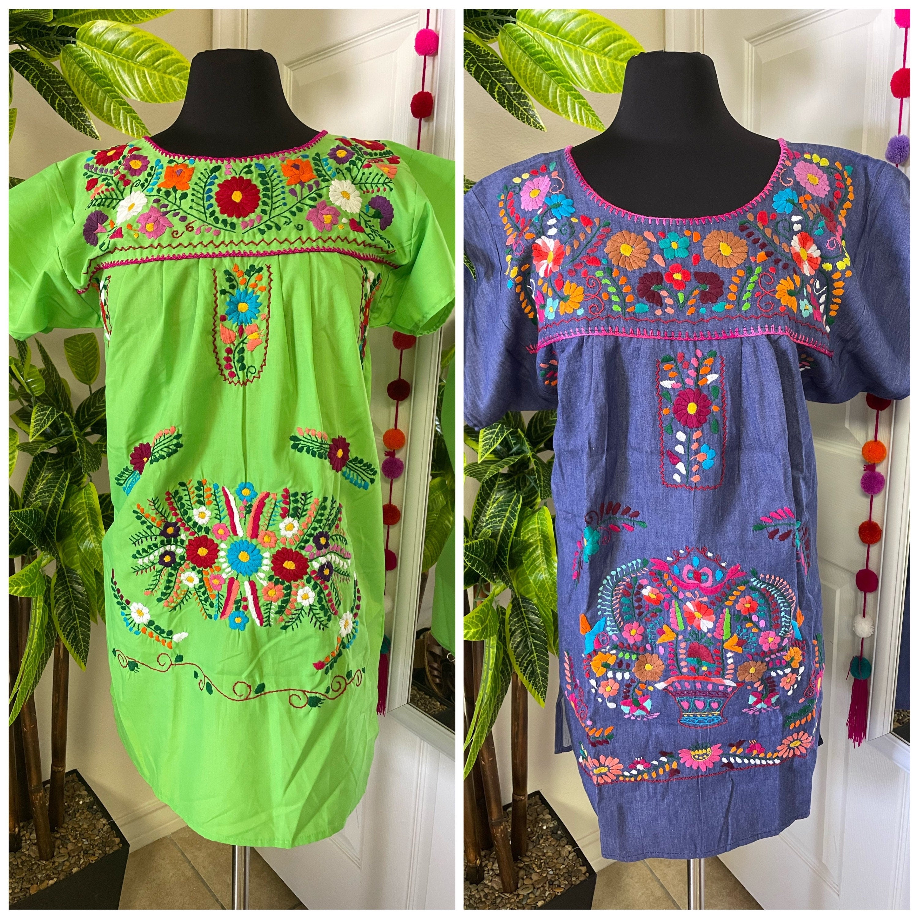 Women's Hand Embroidered Puebla Dress in S, M, L, XL, 2X & 3X sizes - Mexican Hand Embroidery Dress