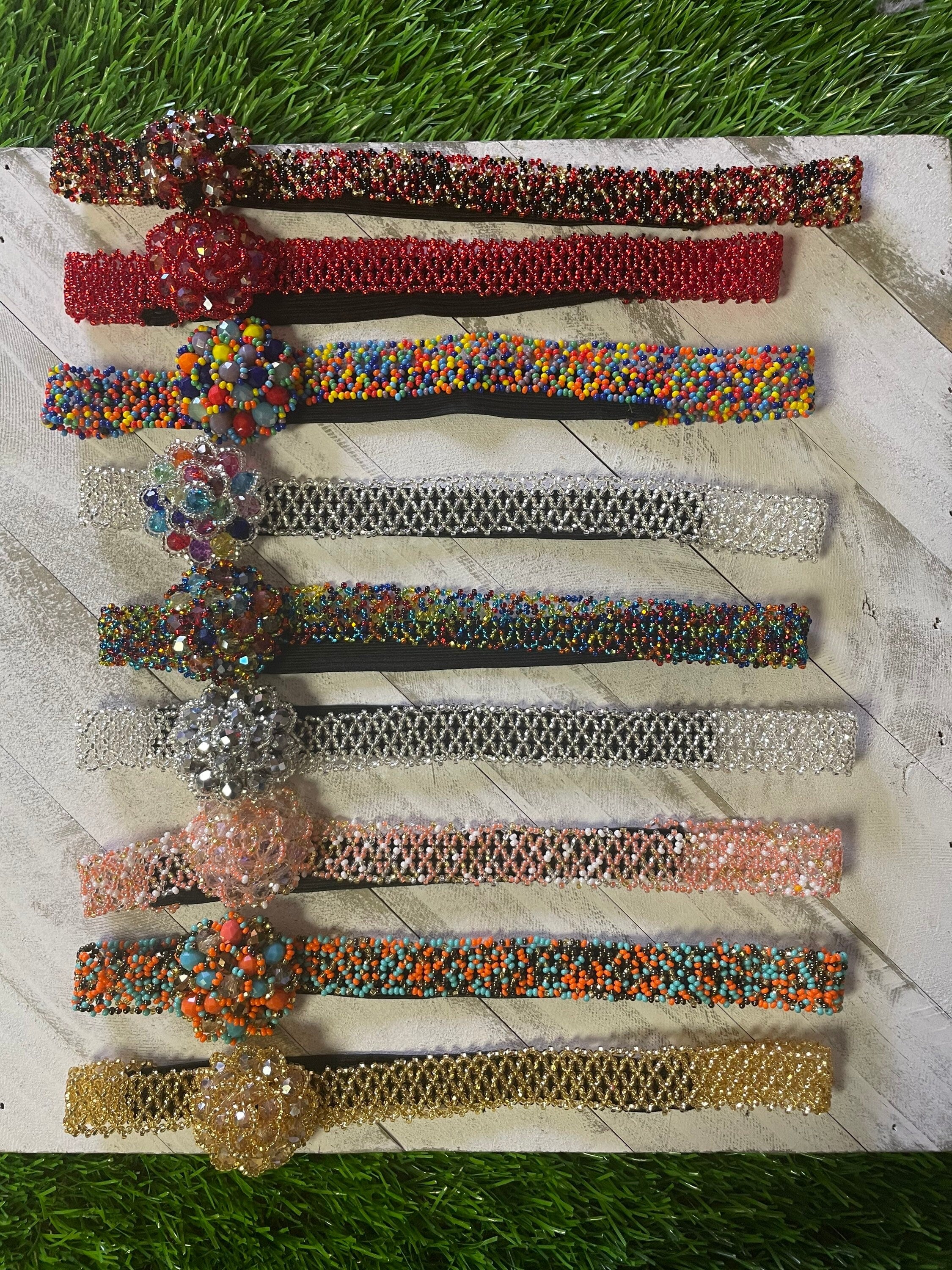 Image of Beautiful Hand Beaded Artisanal Headbands - Artisan Made Headbands - Elastic Headbands - Handmade Headbands