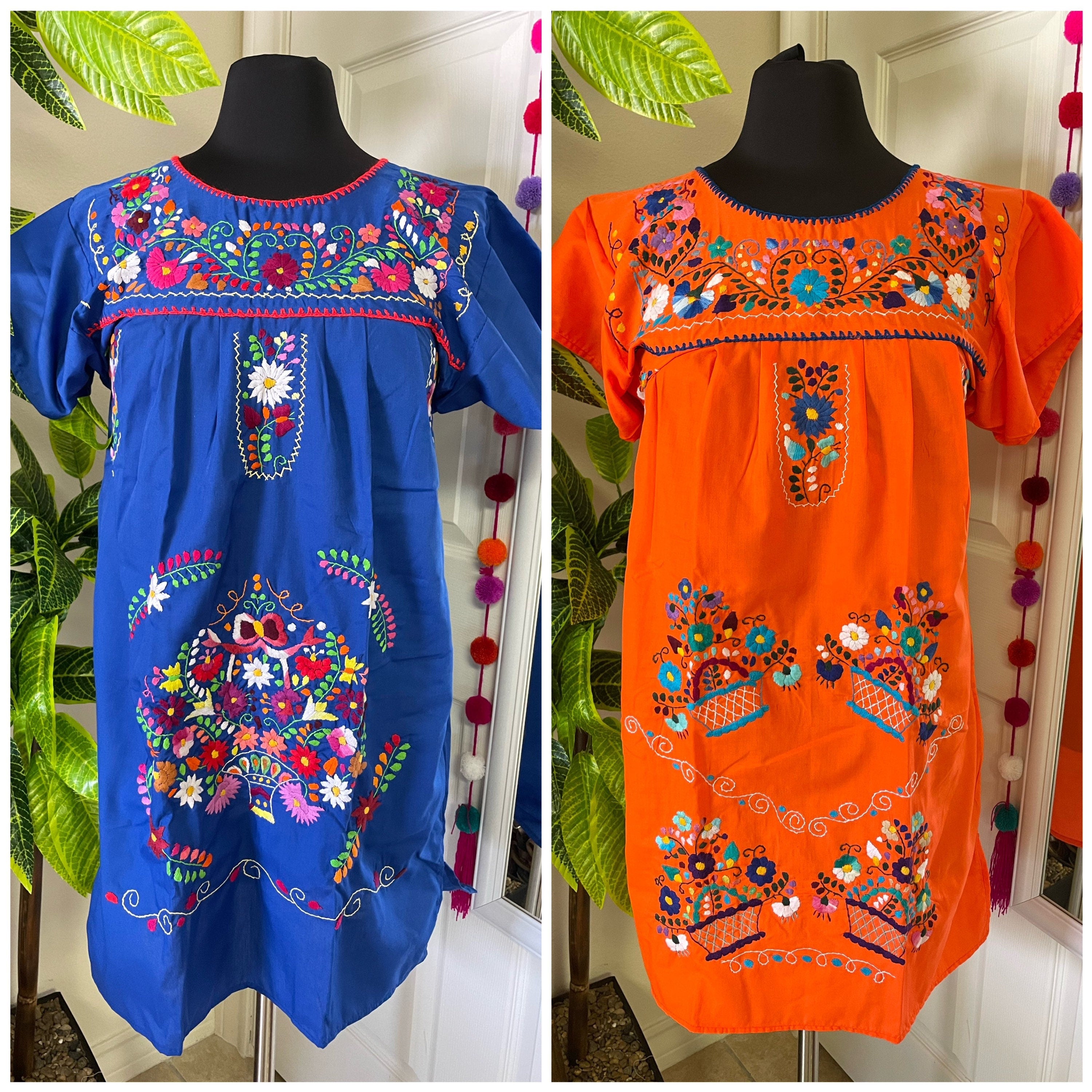 Women's Hand Embroidered Puebla Dress in S, M, L, XL, 2X & 3X sizes - Mexican Hand Embroidery Dress