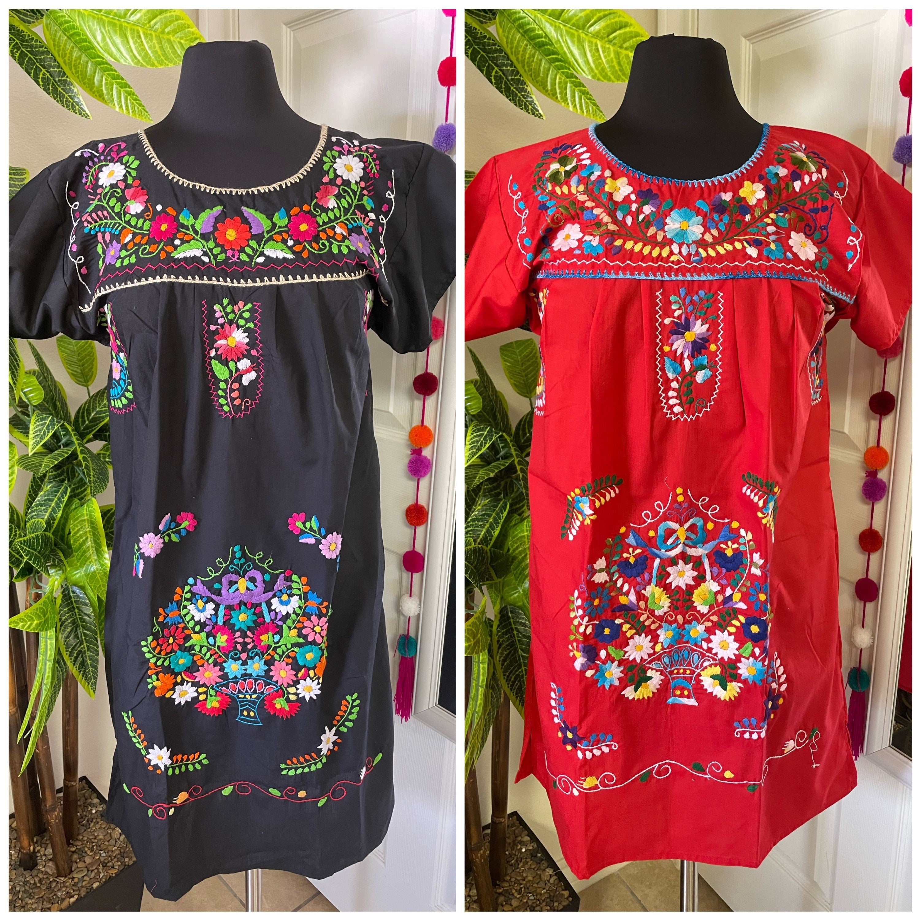 Women's Hand Embroidered Puebla Dress in S, M, L, XL, 2X & 3X sizes - Mexican Hand Embroidery Dress