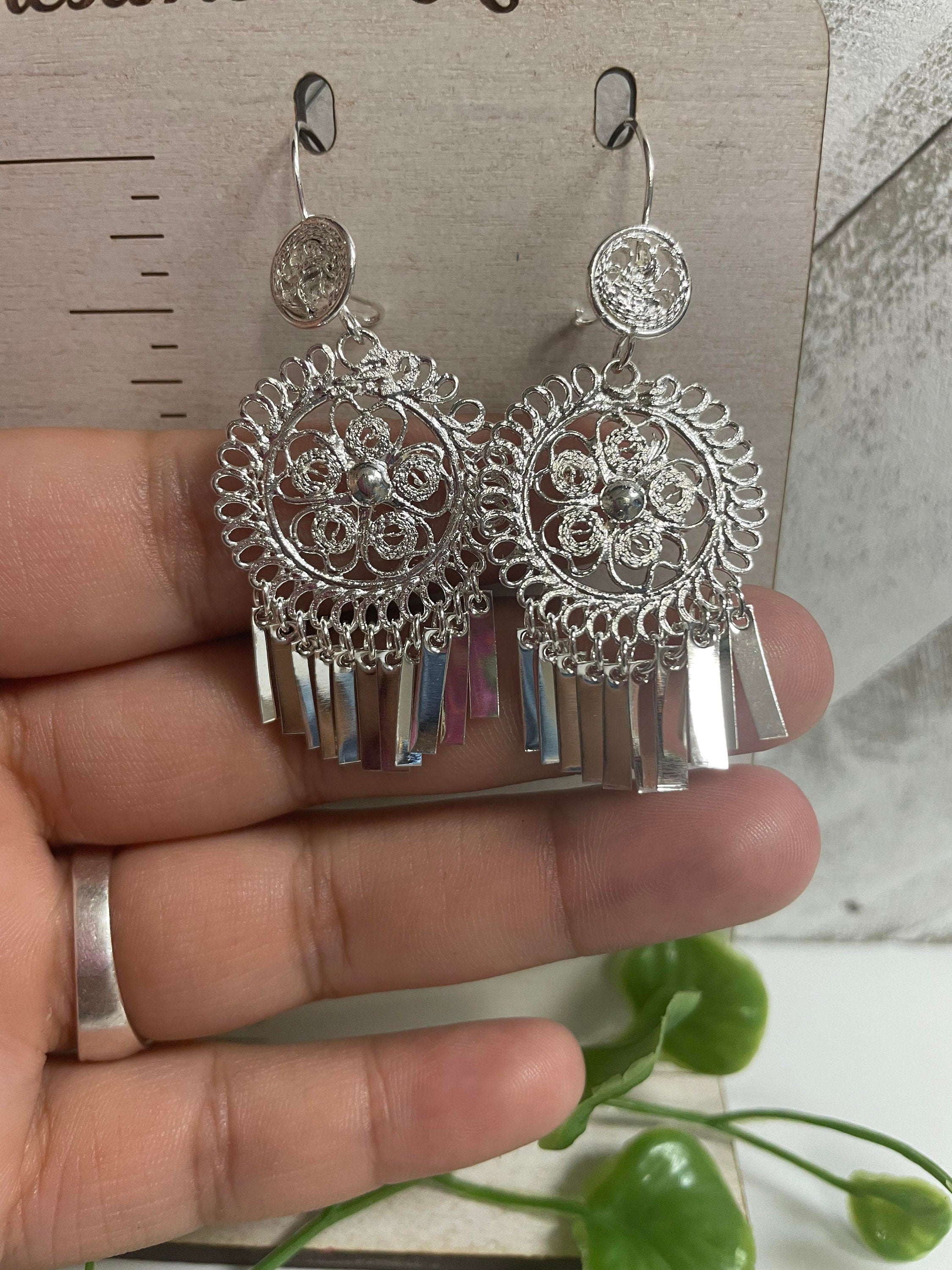 Image of Gorgeous and Elegant Mexican Artisanal Silver Plated Filigree Earrings - Beautiful Folkloric Earrings made by our Oaxaca Artisan Partners
