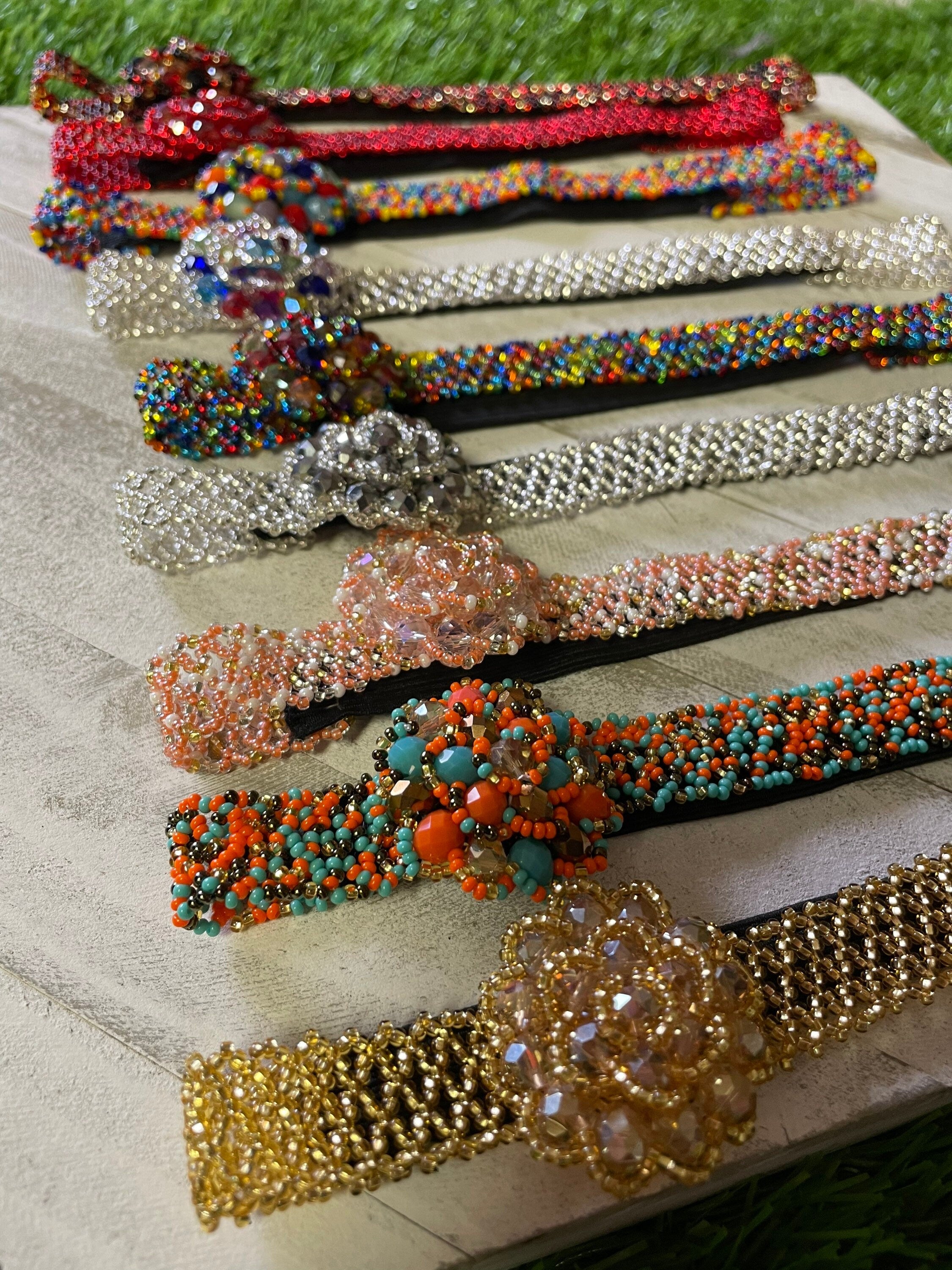 Image of Beautiful Hand Beaded Artisanal Headbands - Artisan Made Headbands - Elastic Headbands - Handmade Headbands