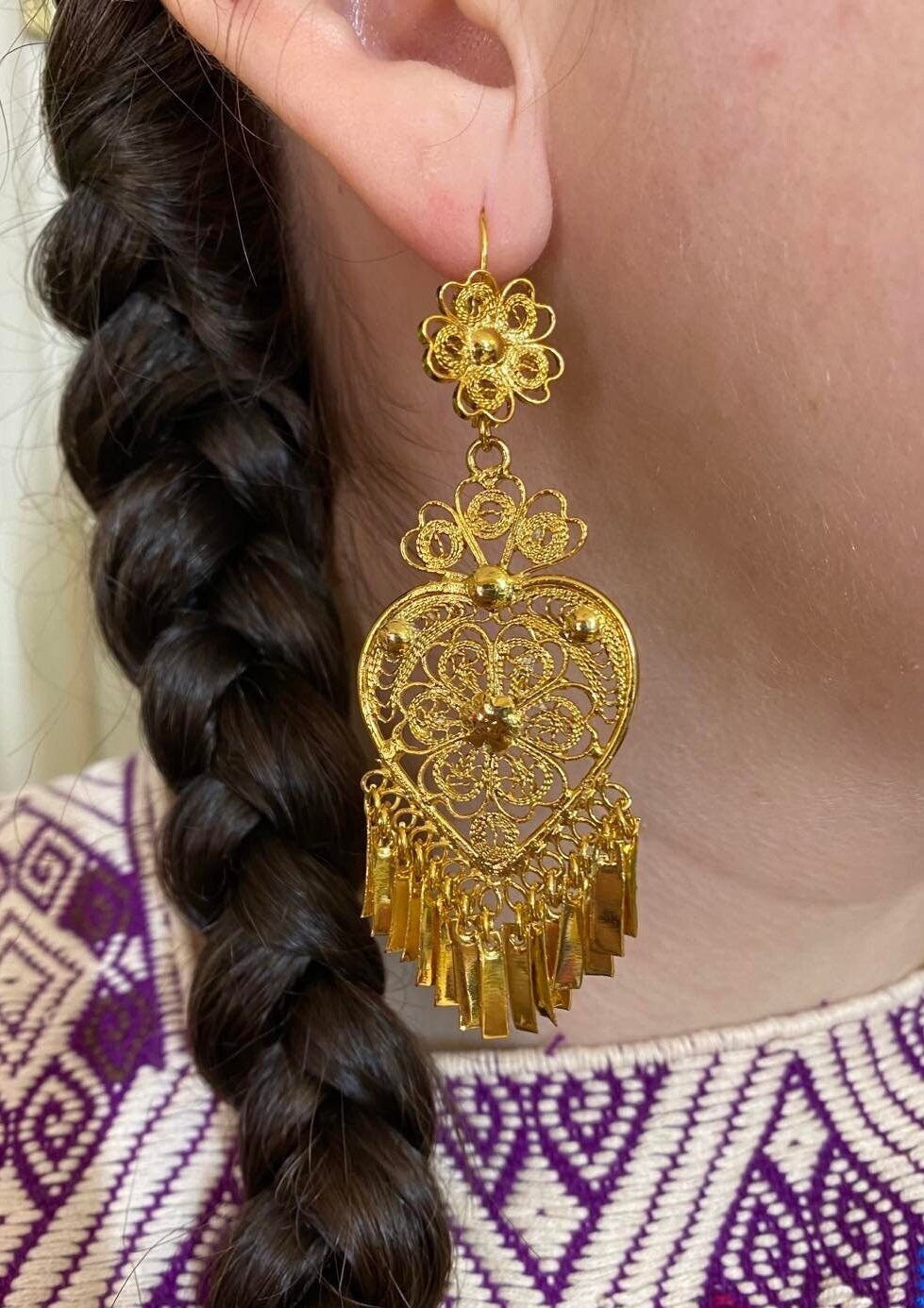 Image of Heart-Traditional Mexican Artisanal Earrings - Gold Plated Beautiful Folkloric Earrings made by our Oaxaca Artisan Partners