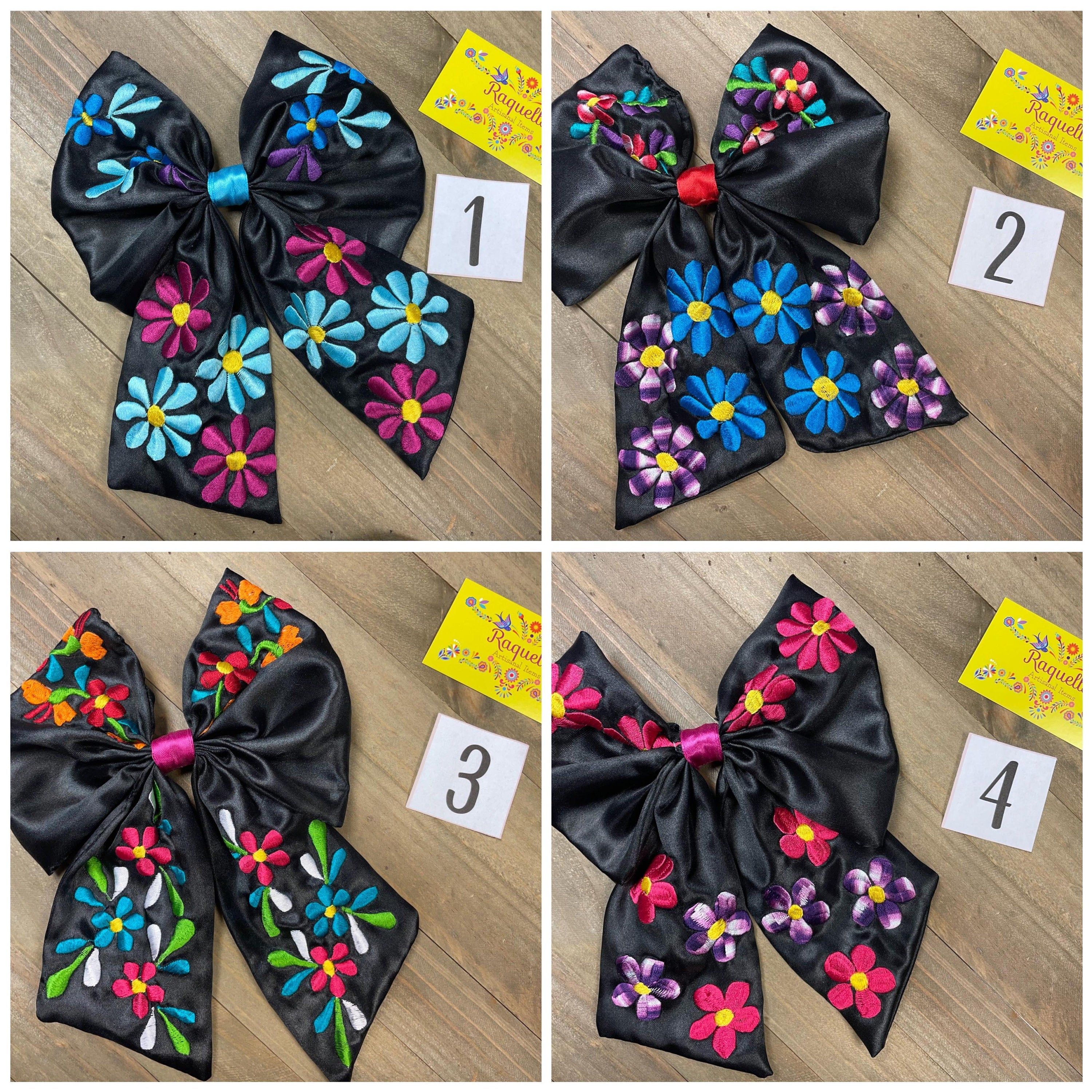 Gorgeous XL Hand Embroidered Mexican Bows - Satin Floral Embroidered Bow