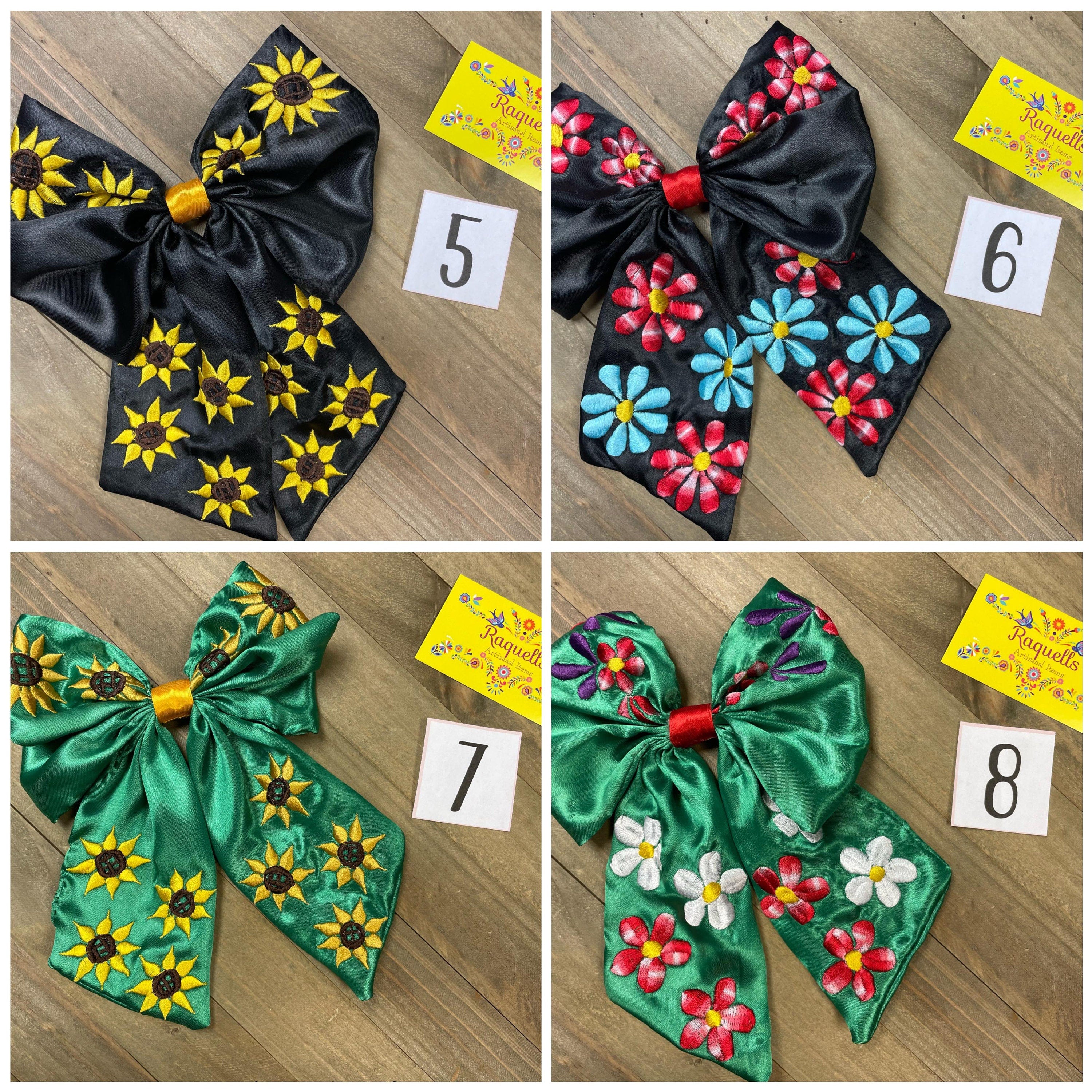 Image of Gorgeous XL Hand Embroidered Mexican Bows - Satin Floral Embroidered Bow