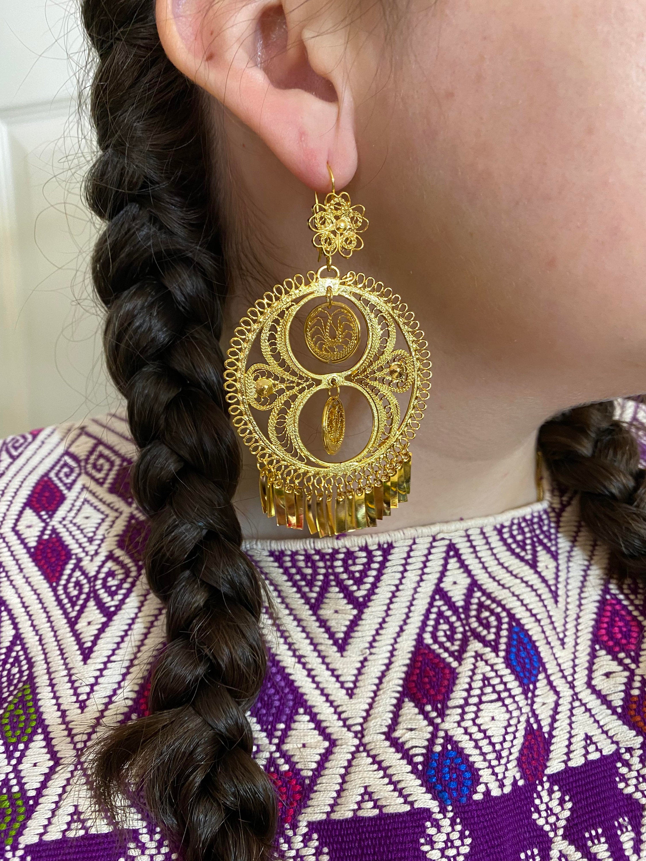 Image of 2 Medallions-Gorgeous & Elegant Mexican Artisanal Gold Plated Filigree Earrings, beautifully made by our Oaxaca Partners