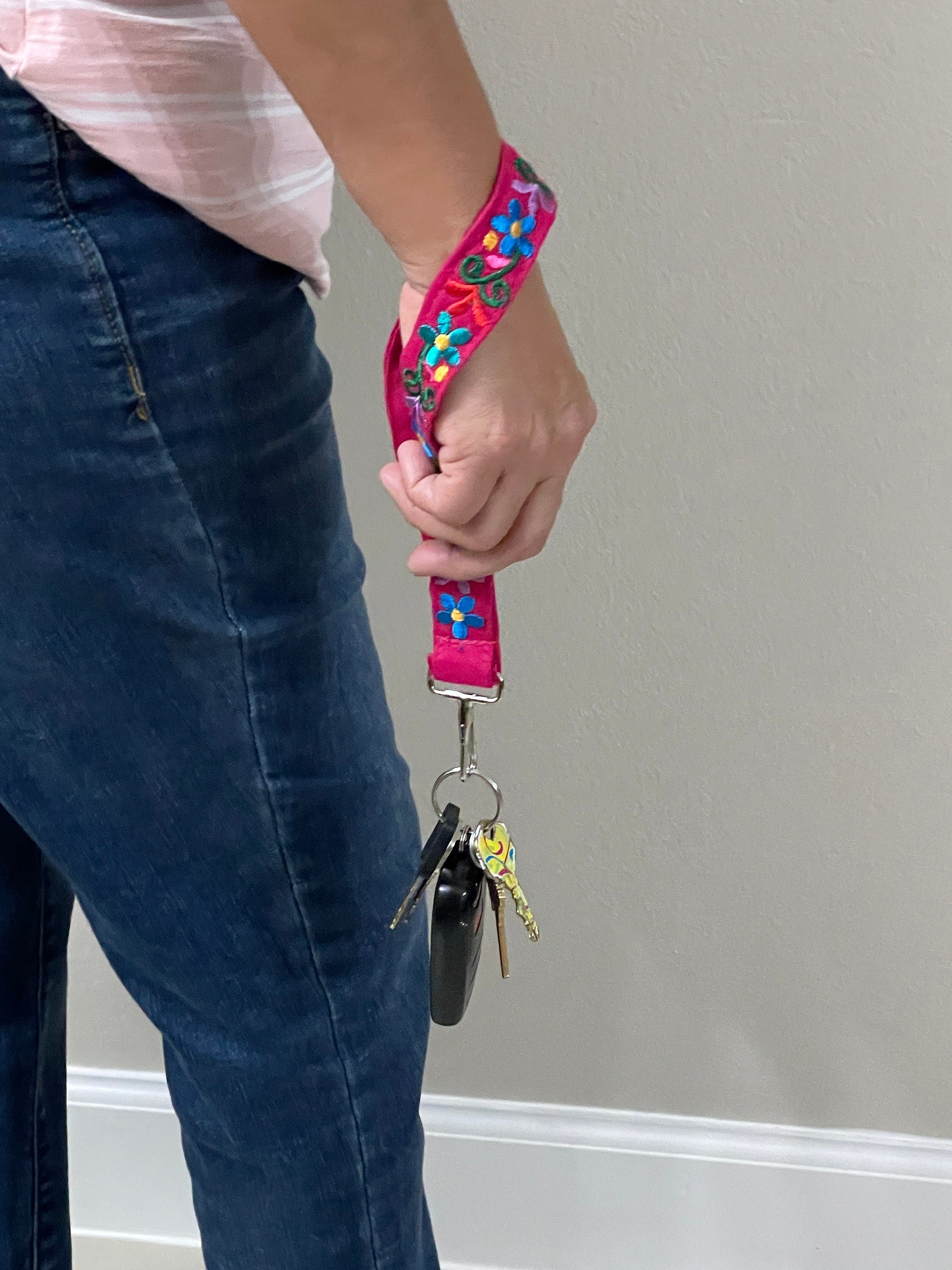 Image of Floral Embroidered Wristlet Lanyard Key/ID Holder - Clip Lanyard Key/ID Holder - Artisanal made