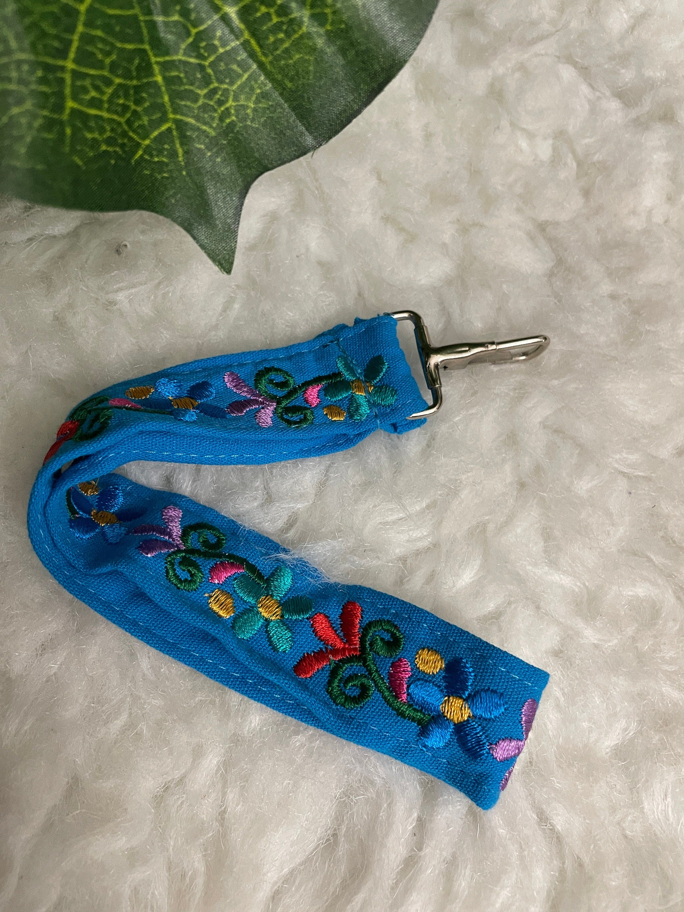 Image of Floral Embroidered Wristlet Lanyard Key/ID Holder - Clip Lanyard Key/ID Holder - Artisanal made