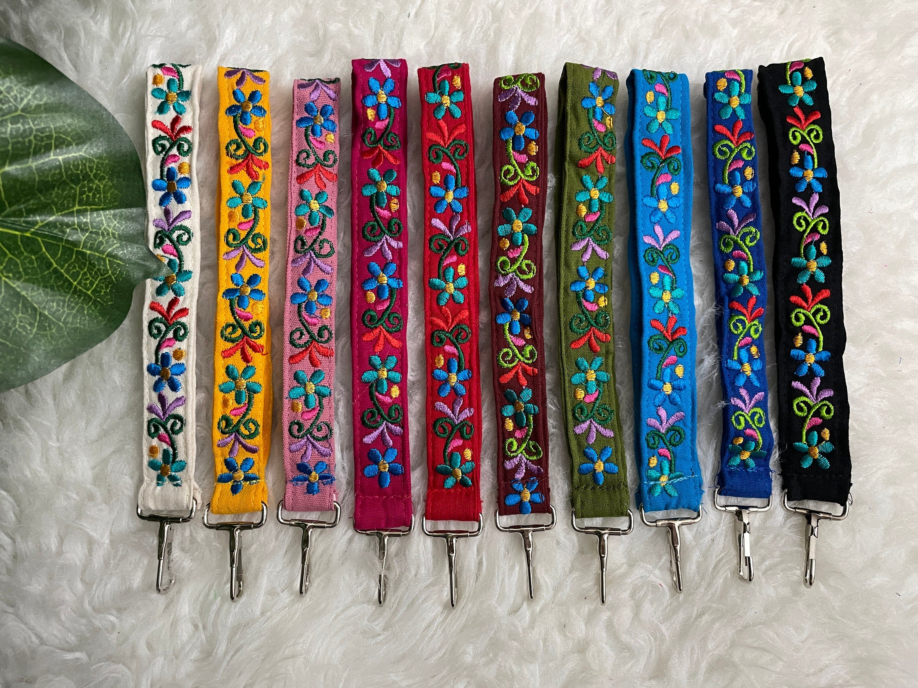 Image of Floral Embroidered Wristlet Lanyard Key/ID Holder - Clip Lanyard Key/ID Holder - Artisanal made